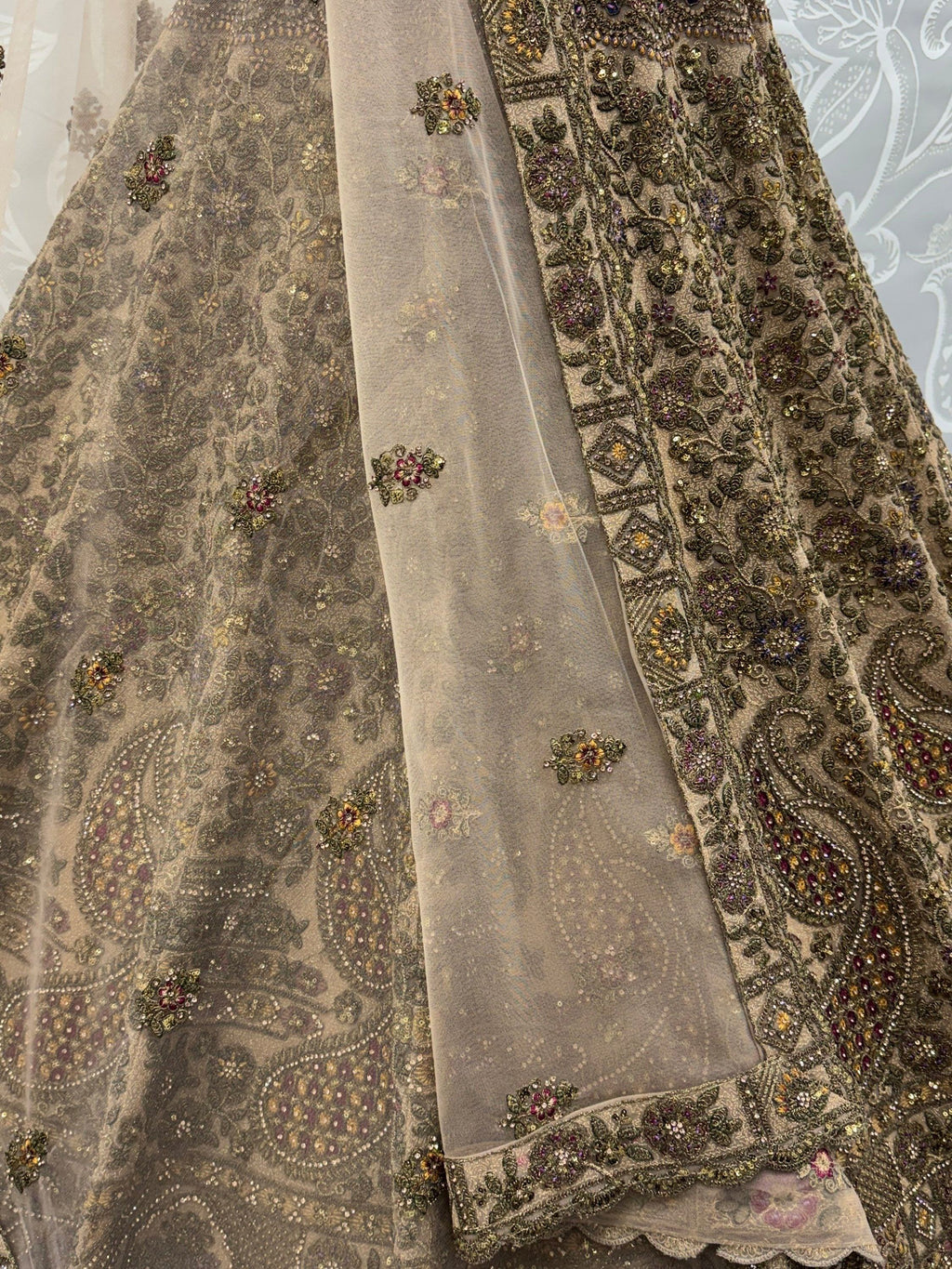 Beige Excellent Sequins Net Bridal Lehenga Choli With Dupatta
