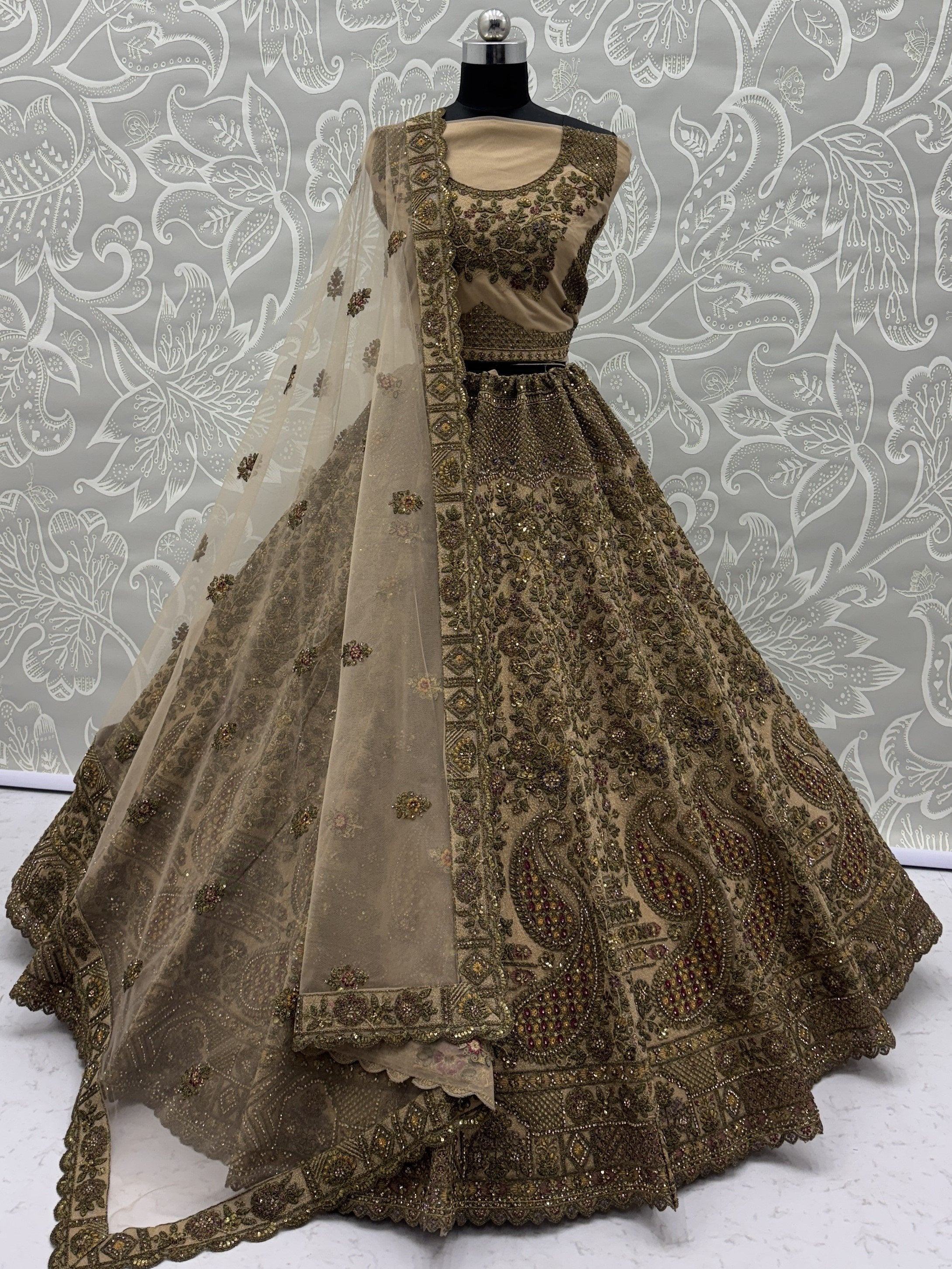 Beige Excellent Sequins Net Bridal Lehenga Choli With Dupatta
