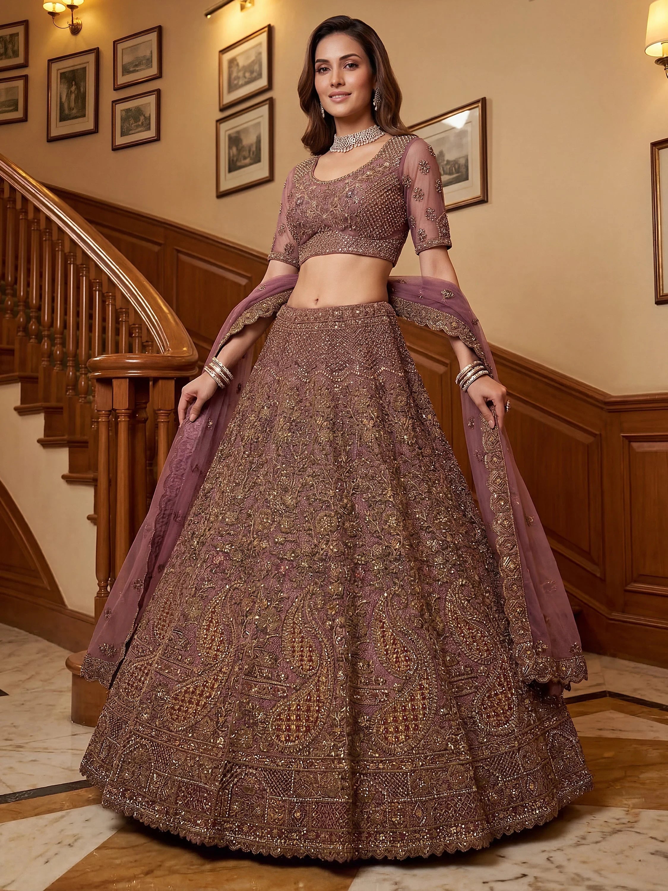 Mauve Excellent Sequins Net Bridal Lehenga Choli With Dupatta