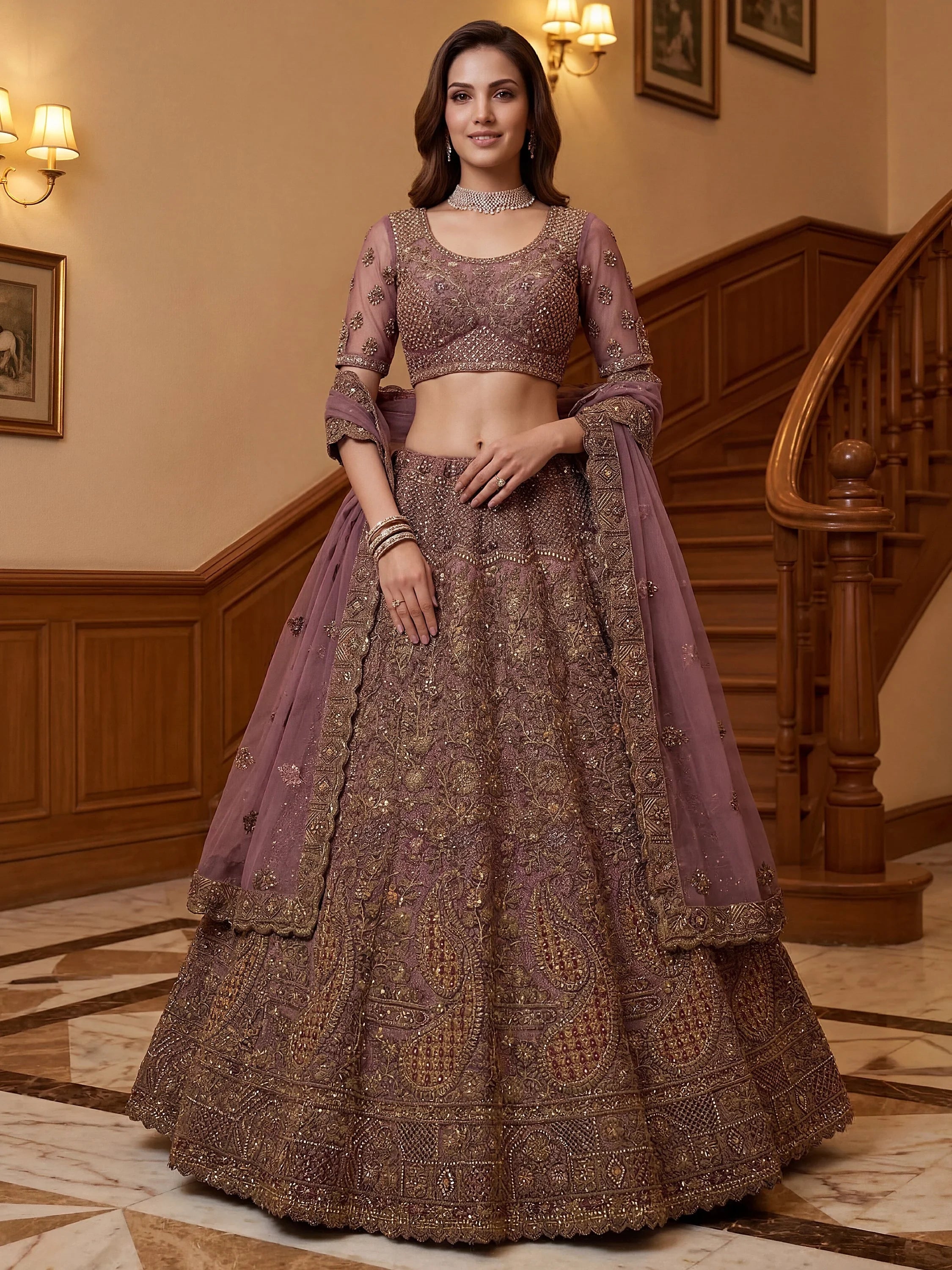 Mauve Excellent Sequins Net Bridal Lehenga Choli With Dupatta