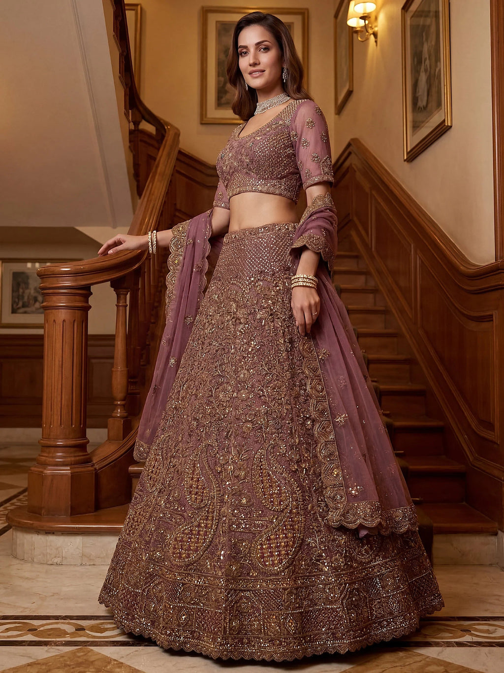 Mauve Excellent Sequins Net Bridal Lehenga Choli With Dupatta