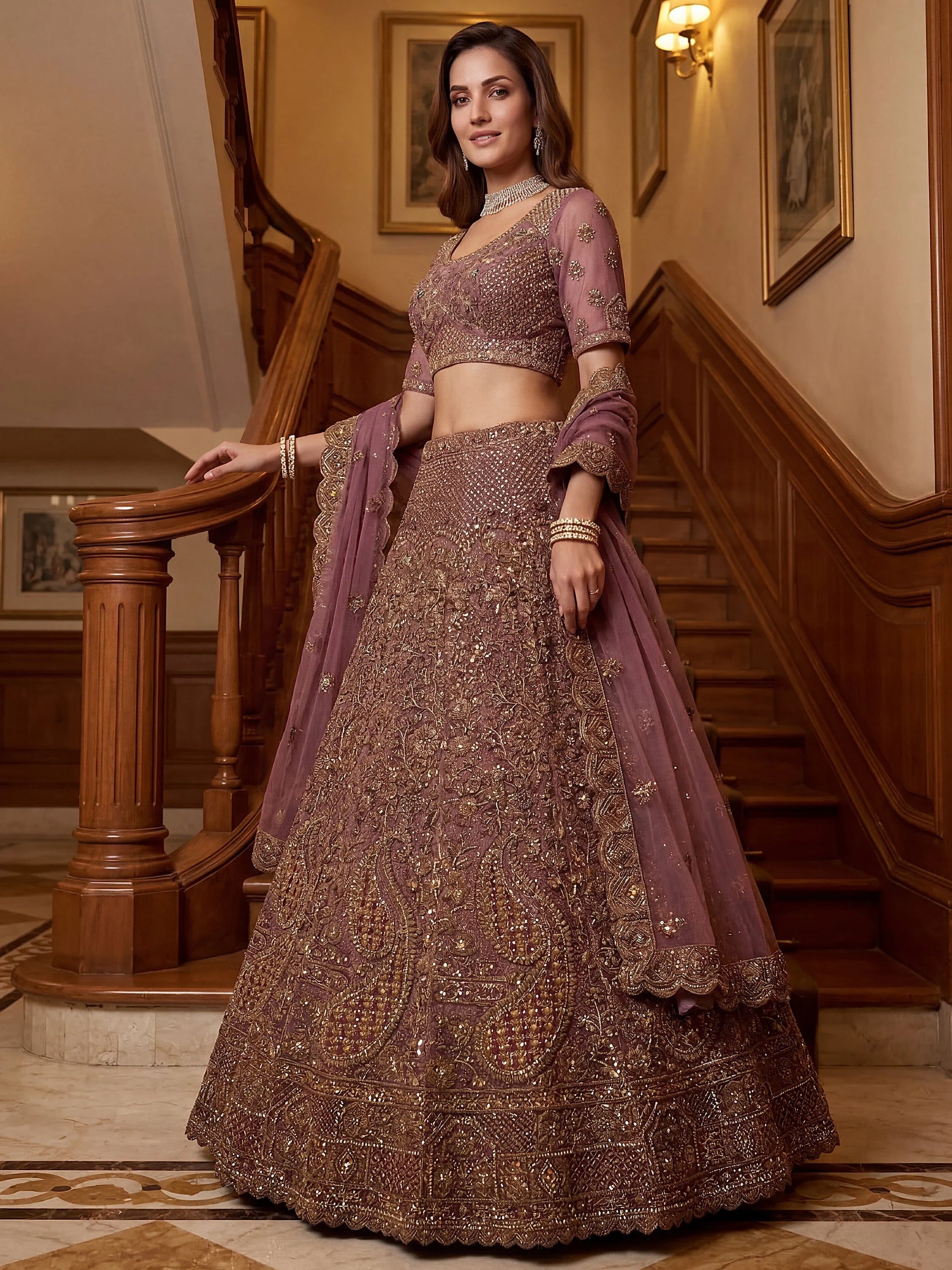 Mauve Excellent Sequins Net Bridal Lehenga Choli With Dupatta