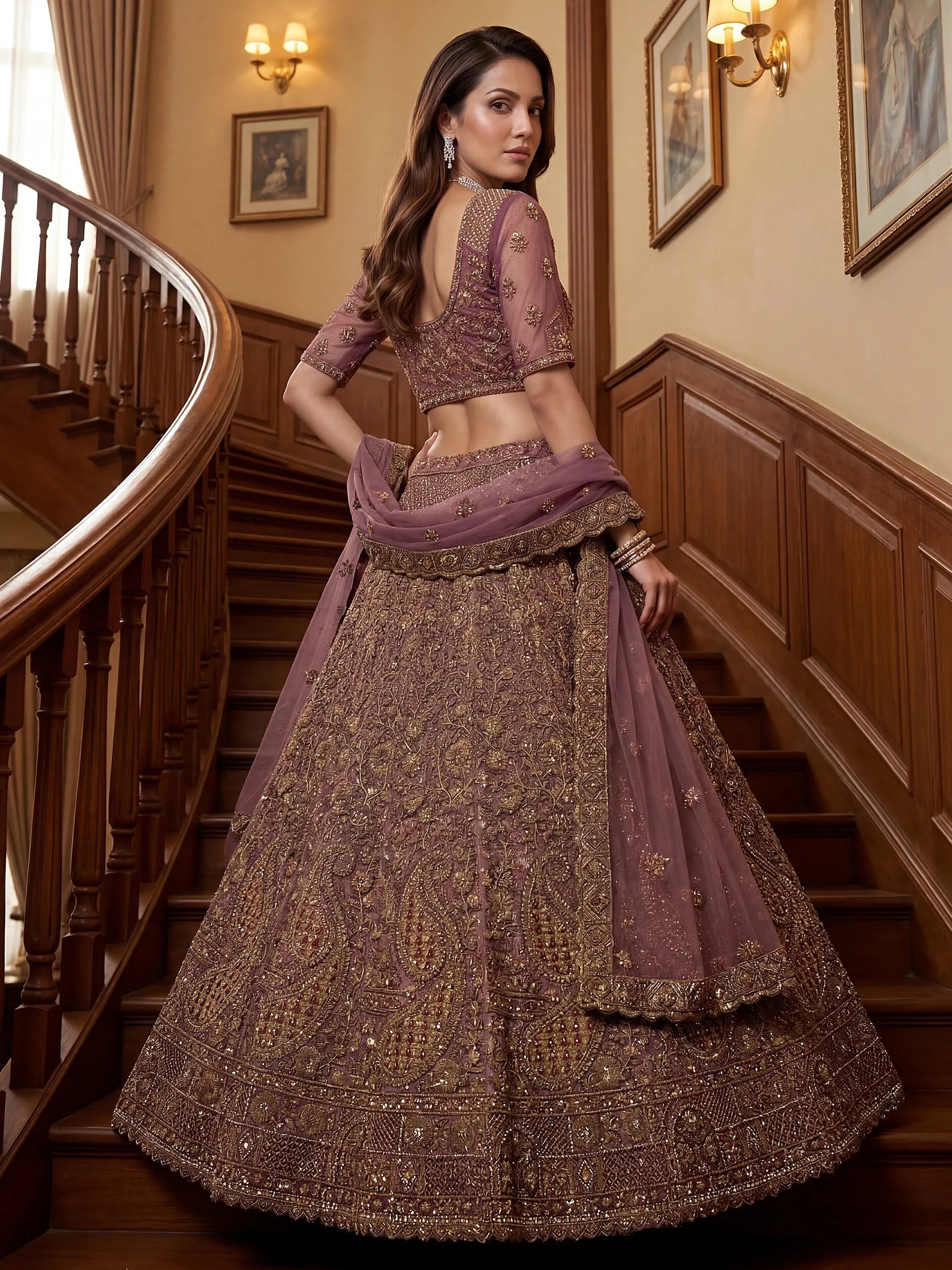 Mauve Excellent Sequins Net Bridal Lehenga Choli With Dupatta
