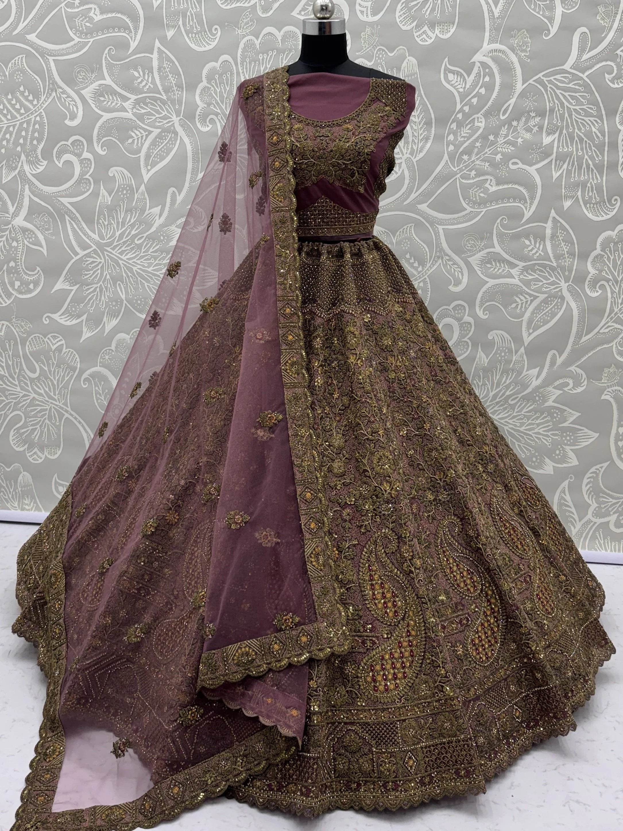 Mauve Excellent Sequins Net Bridal Lehenga Choli With Dupatta