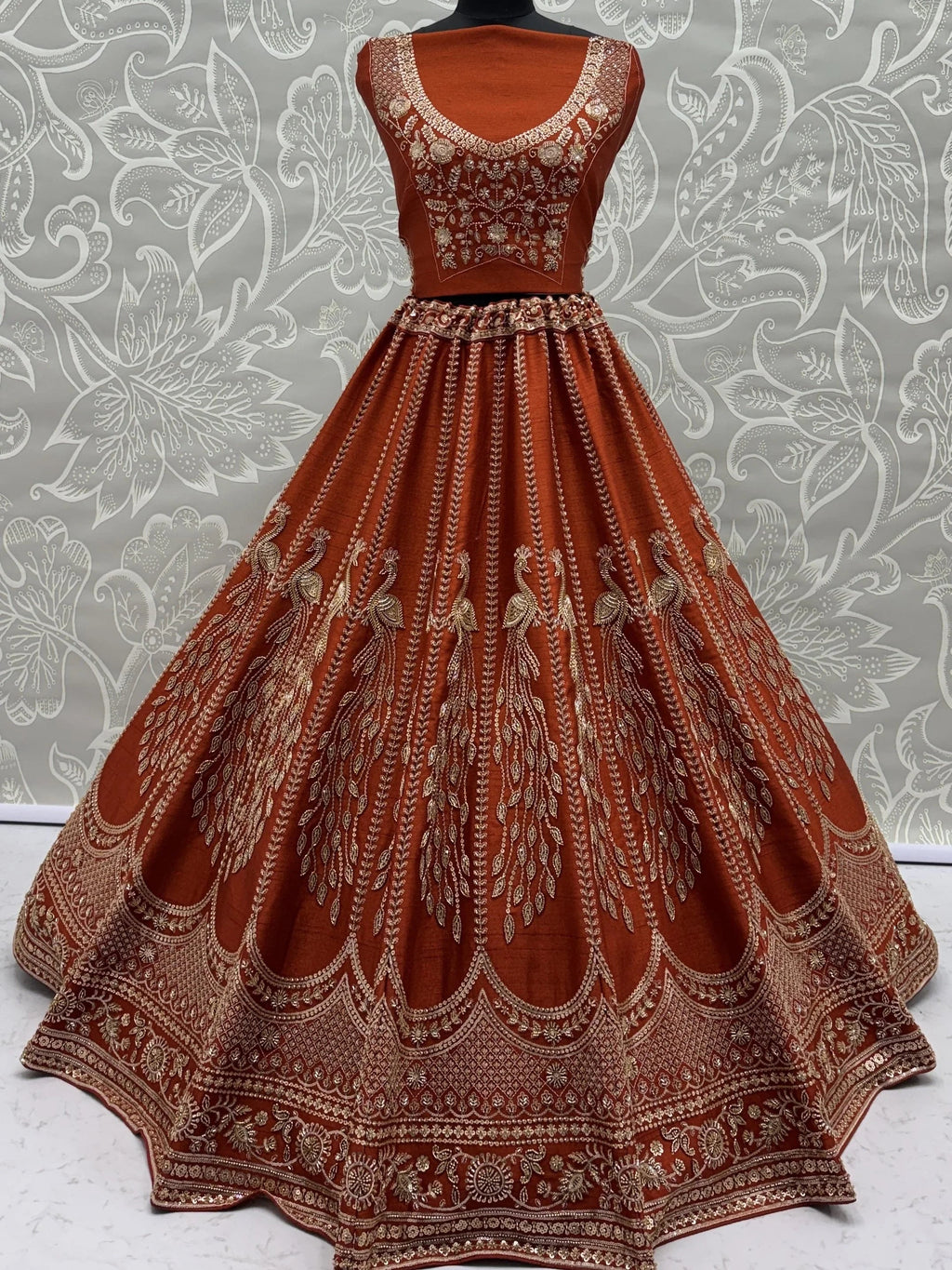 Rust Stylish Hand Work Bridal Lehenga Choli With Double Dupatta