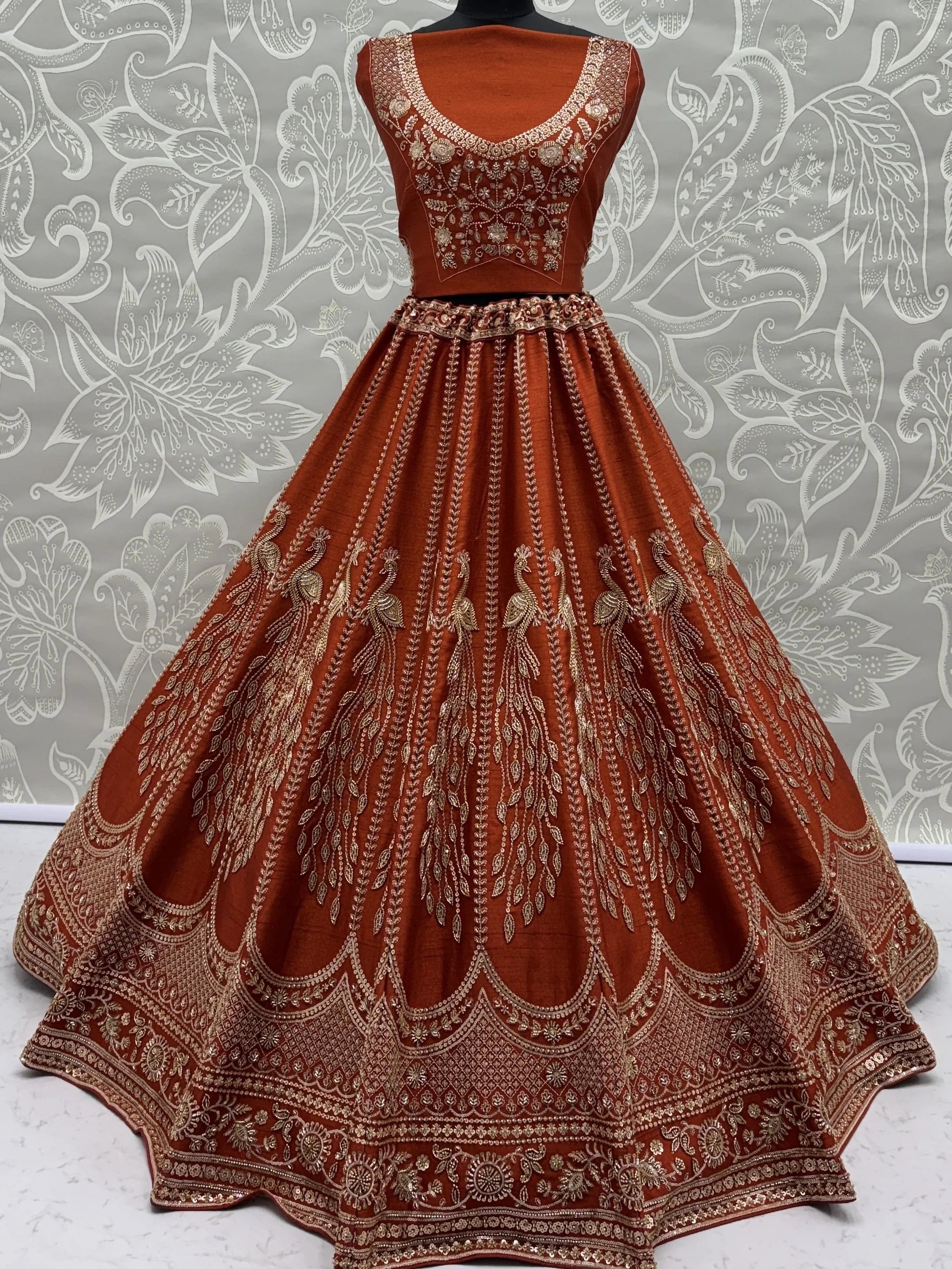 Rust Stylish Hand Work Bridal Lehenga Choli With Double Dupatta