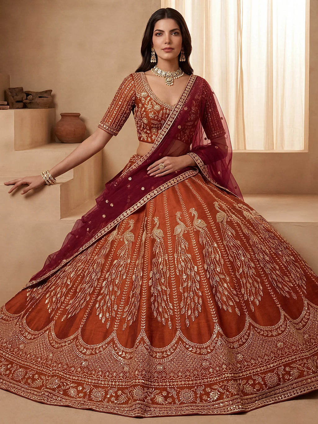 Rust Stylish Hand Work Bridal Lehenga Choli With Double Dupatta