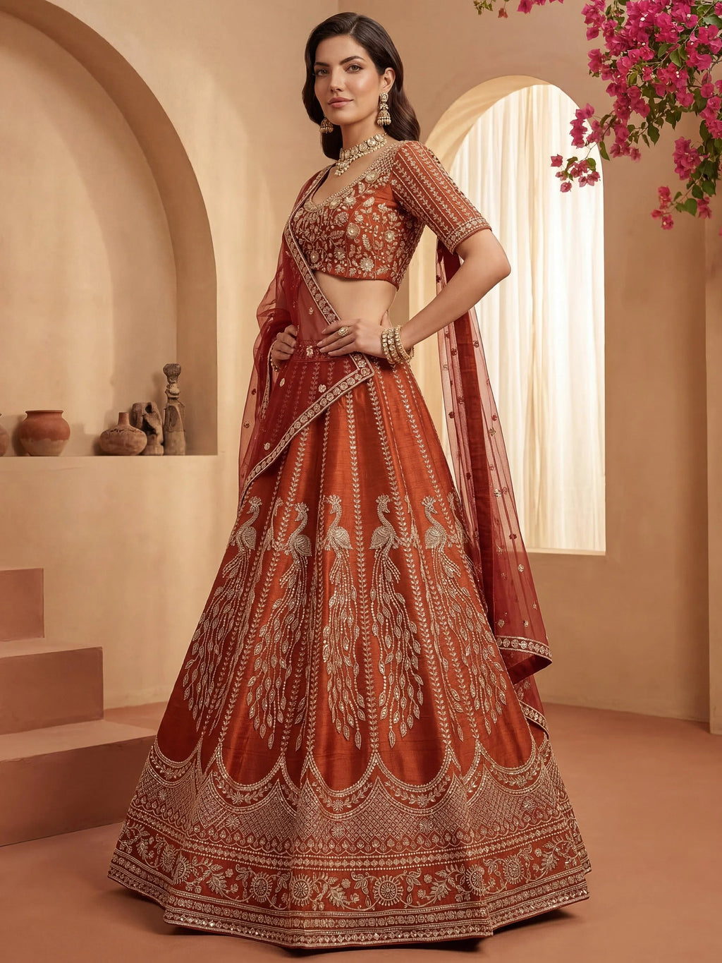 Rust Stylish Hand Work Bridal Lehenga Choli With Double Dupatta