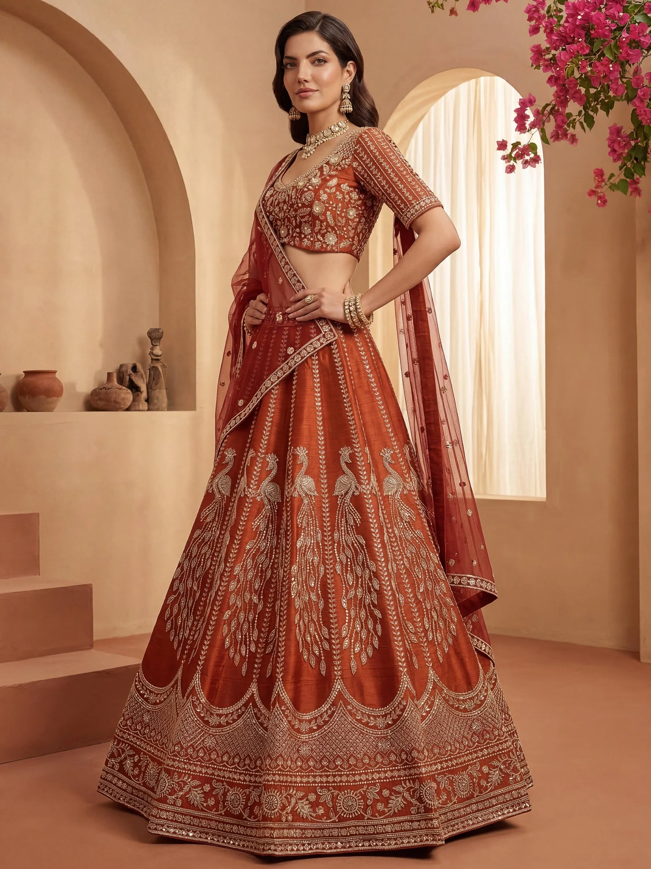 Rust Stylish Hand Work Bridal Lehenga Choli With Double Dupatta