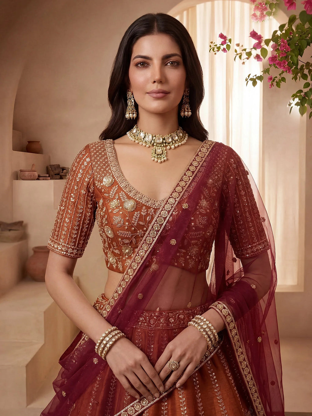 Rust Stylish Hand Work Bridal Lehenga Choli With Double Dupatta