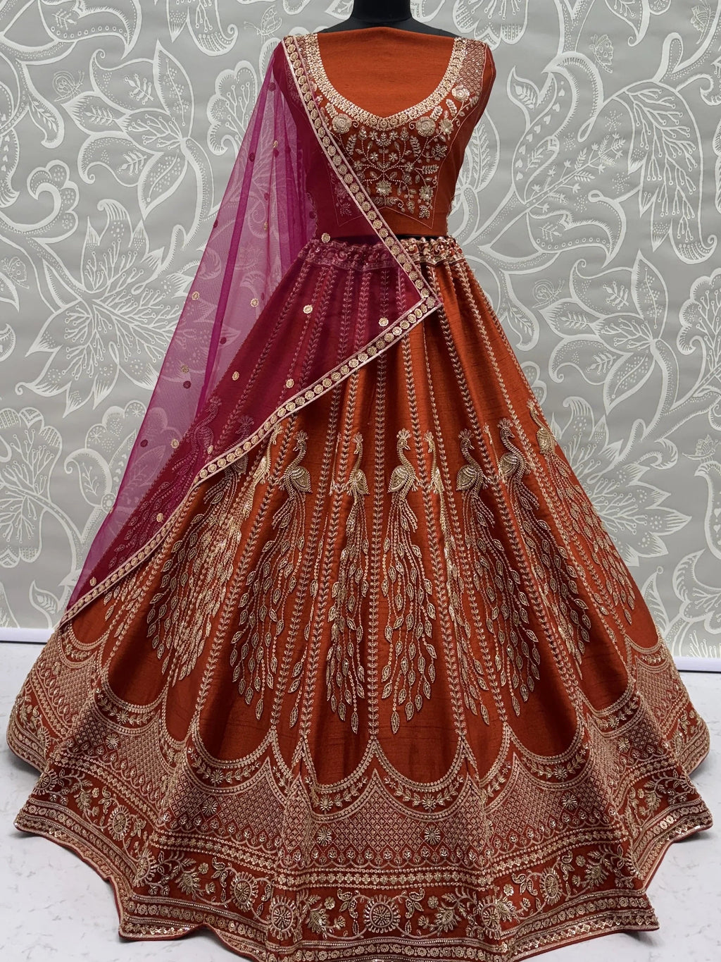 Rust Stylish Hand Work Bridal Lehenga Choli With Double Dupatta