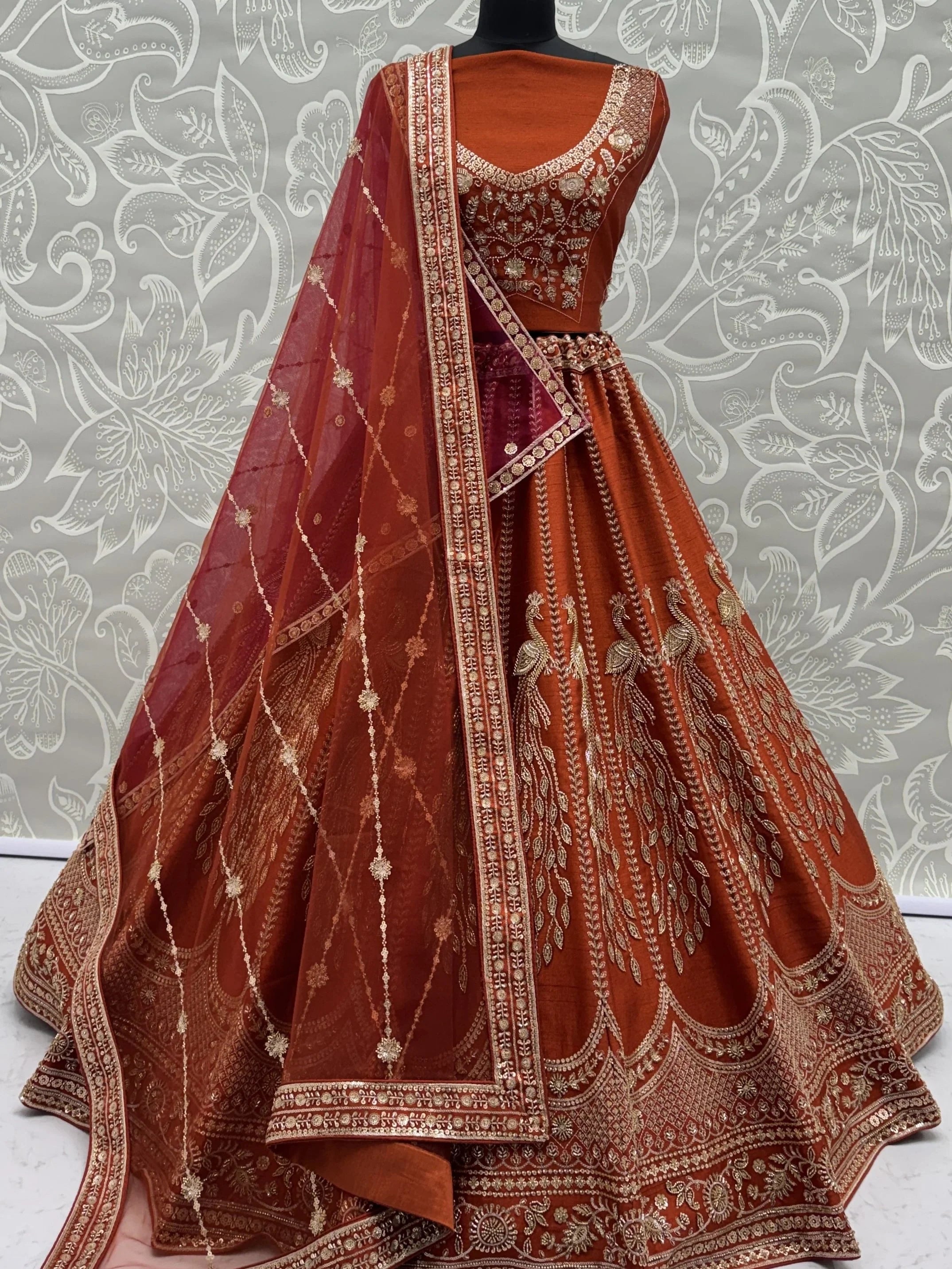 Rust Stylish Hand Work Bridal Lehenga Choli With Double Dupatta