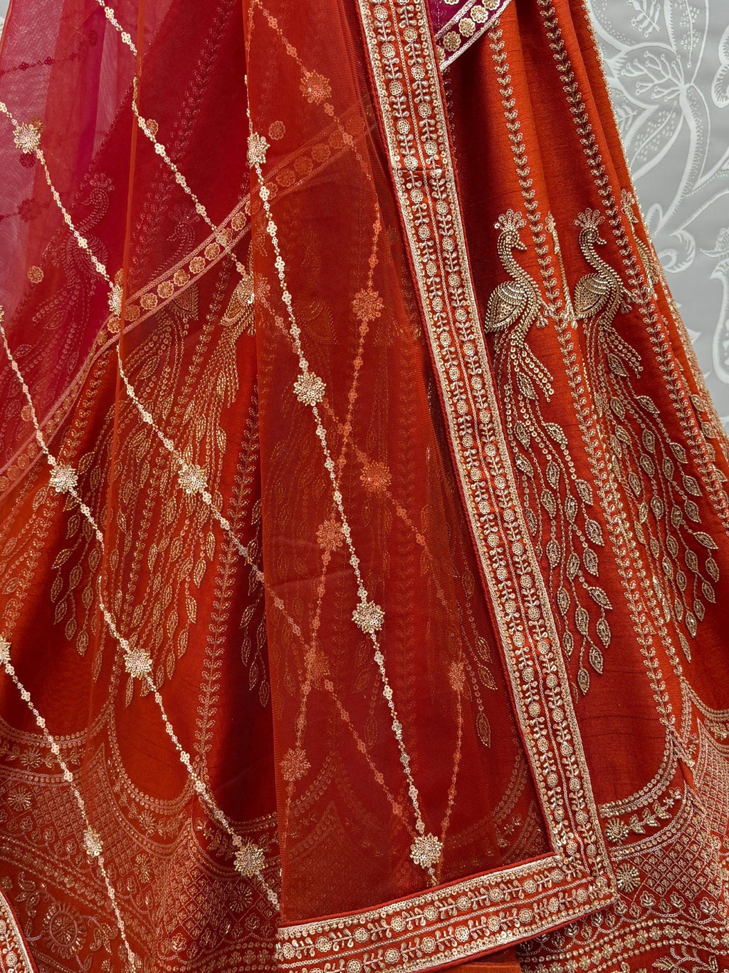 Rust Stylish Hand Work Bridal Lehenga Choli With Double Dupatta