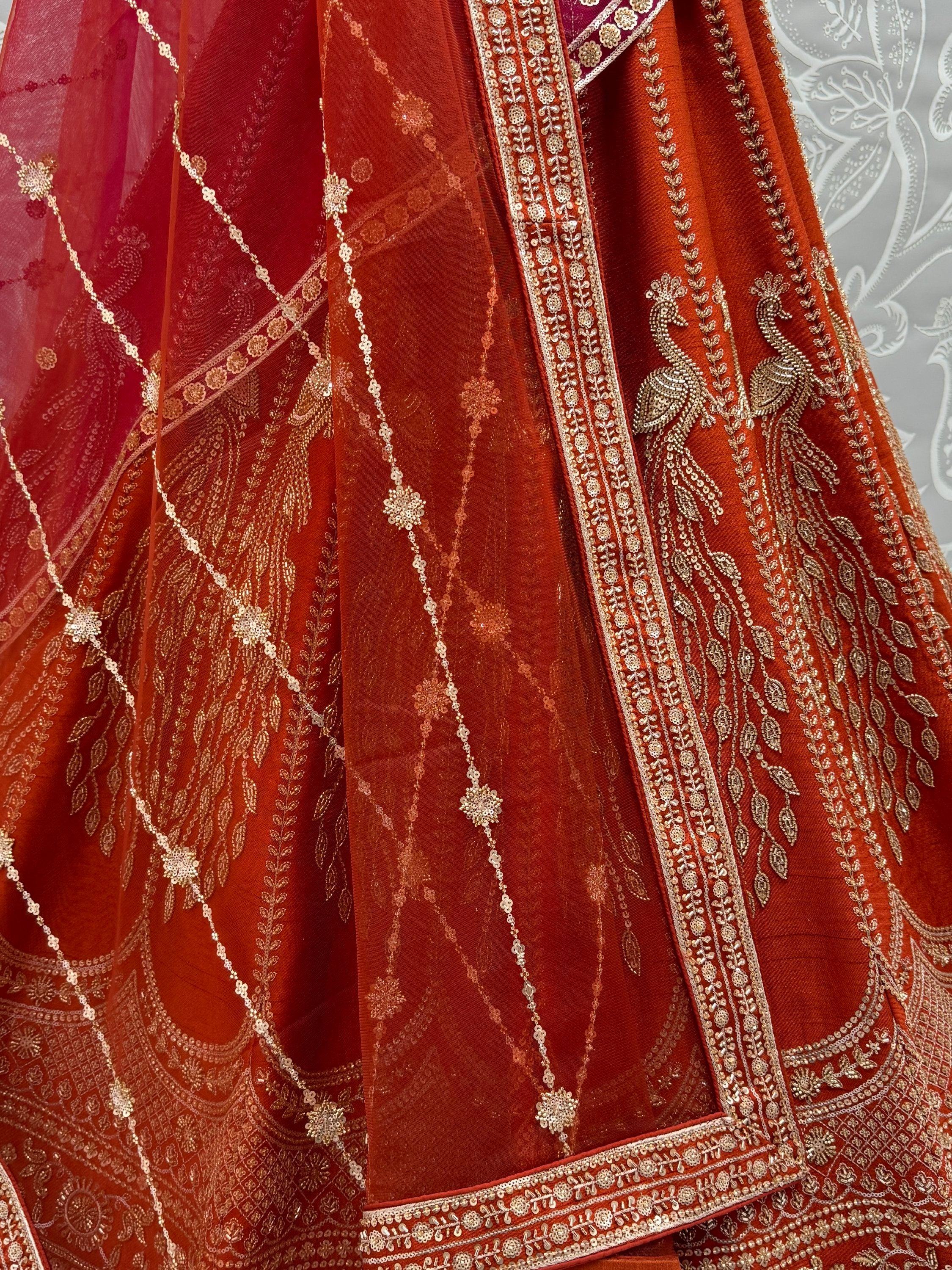 Rust Stylish Hand Work Bridal Lehenga Choli With Double Dupatta