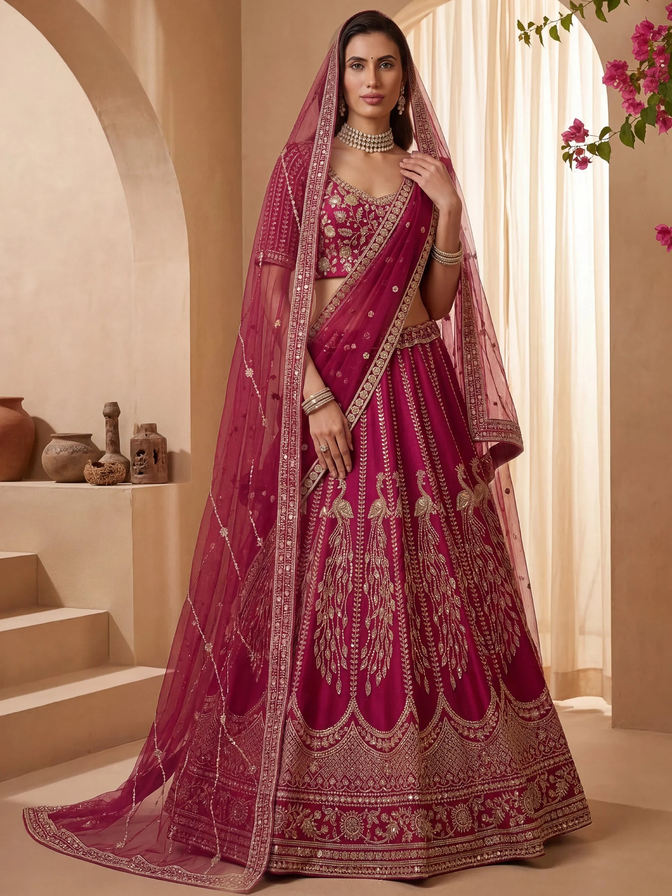 Pink Stylish Hand Work Bridal Lehenga Choli With Double Dupatta