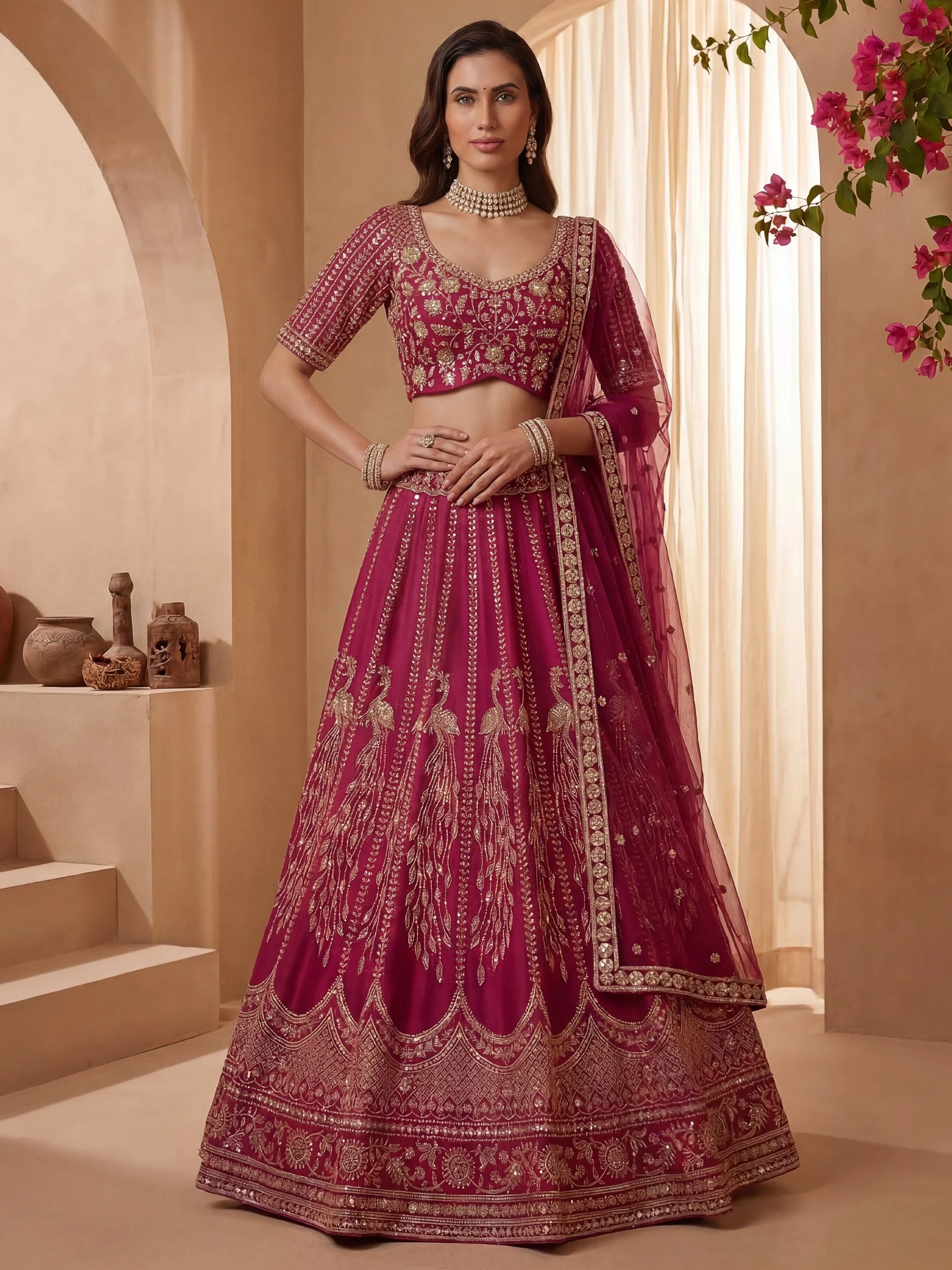 Pink Stylish Hand Work Bridal Lehenga Choli With Double Dupatta