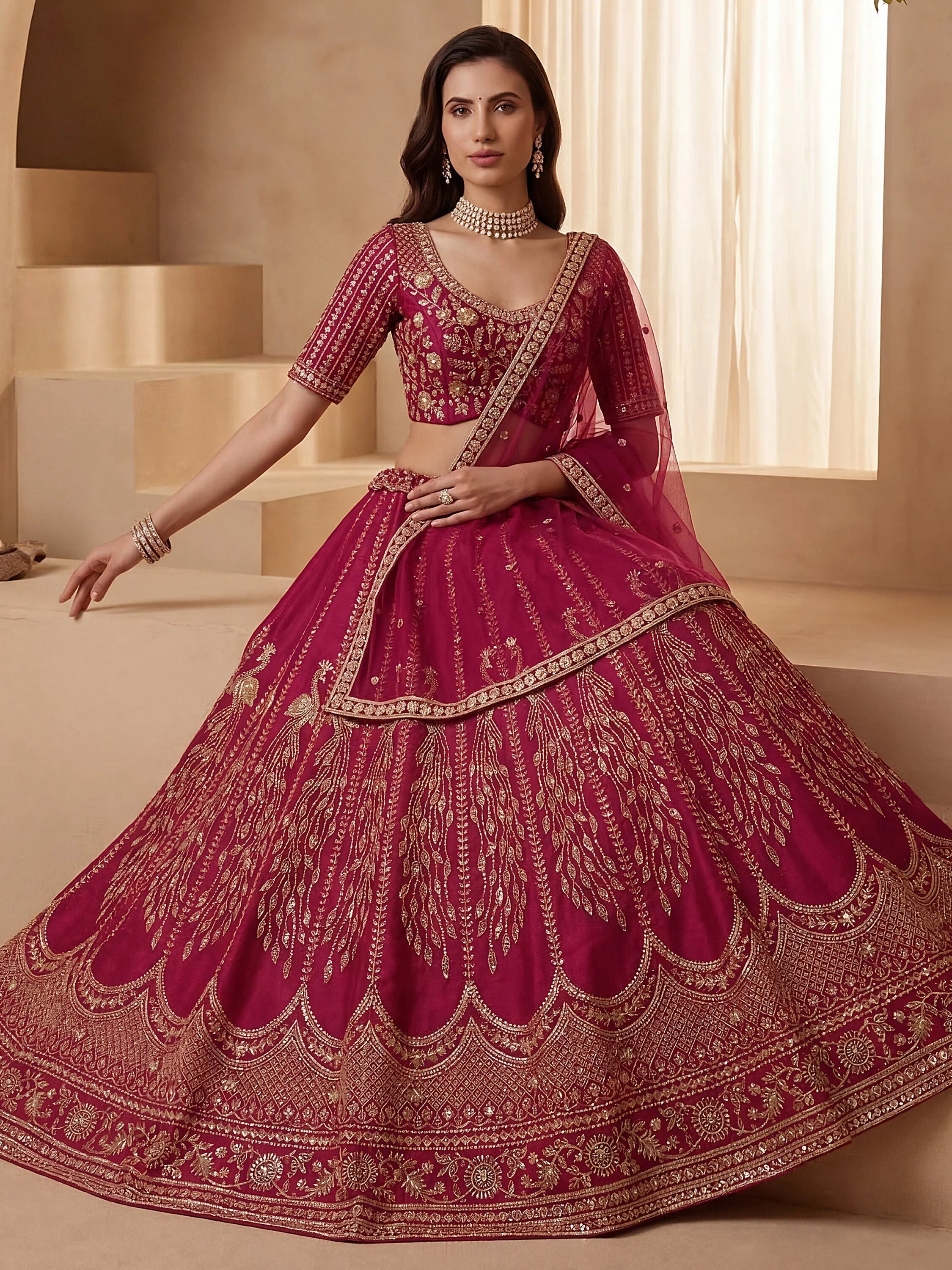 Pink Stylish Hand Work Bridal Lehenga Choli With Double Dupatta