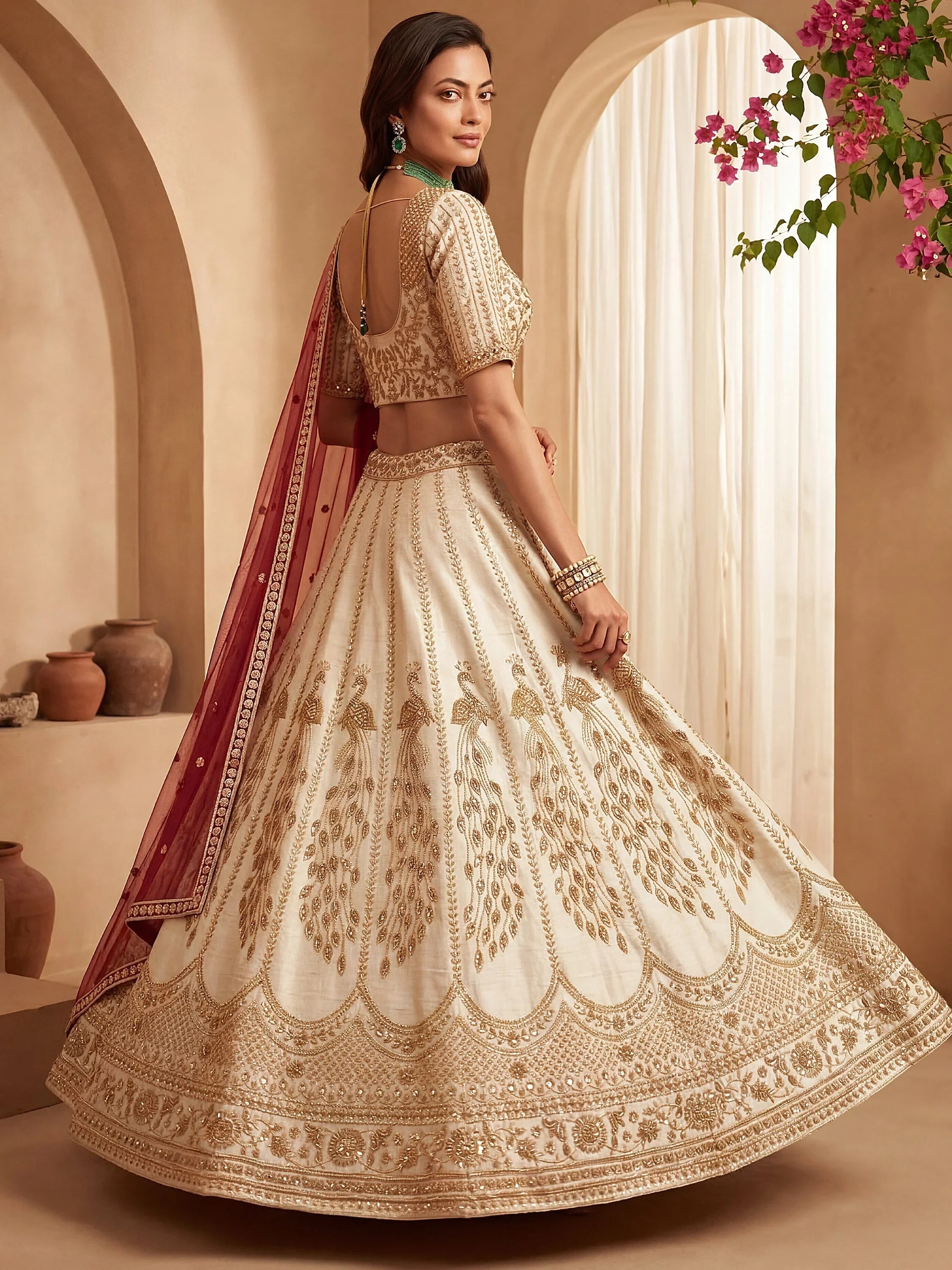 Off White Stylish Hand Work Bridal Lehenga Choli With Double Dupatta