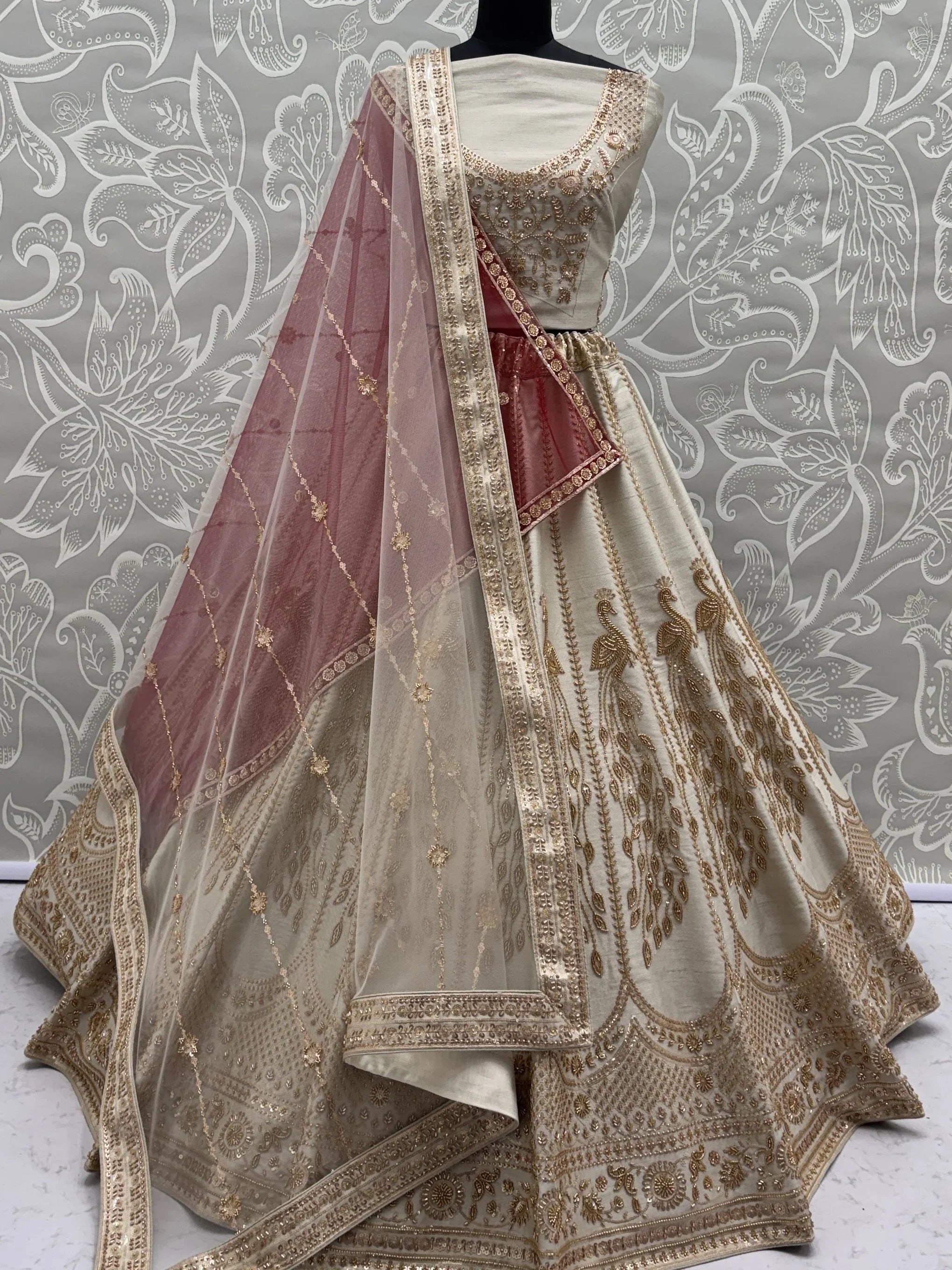 Off White Stylish Hand Work Bridal Lehenga Choli With Double Dupatta