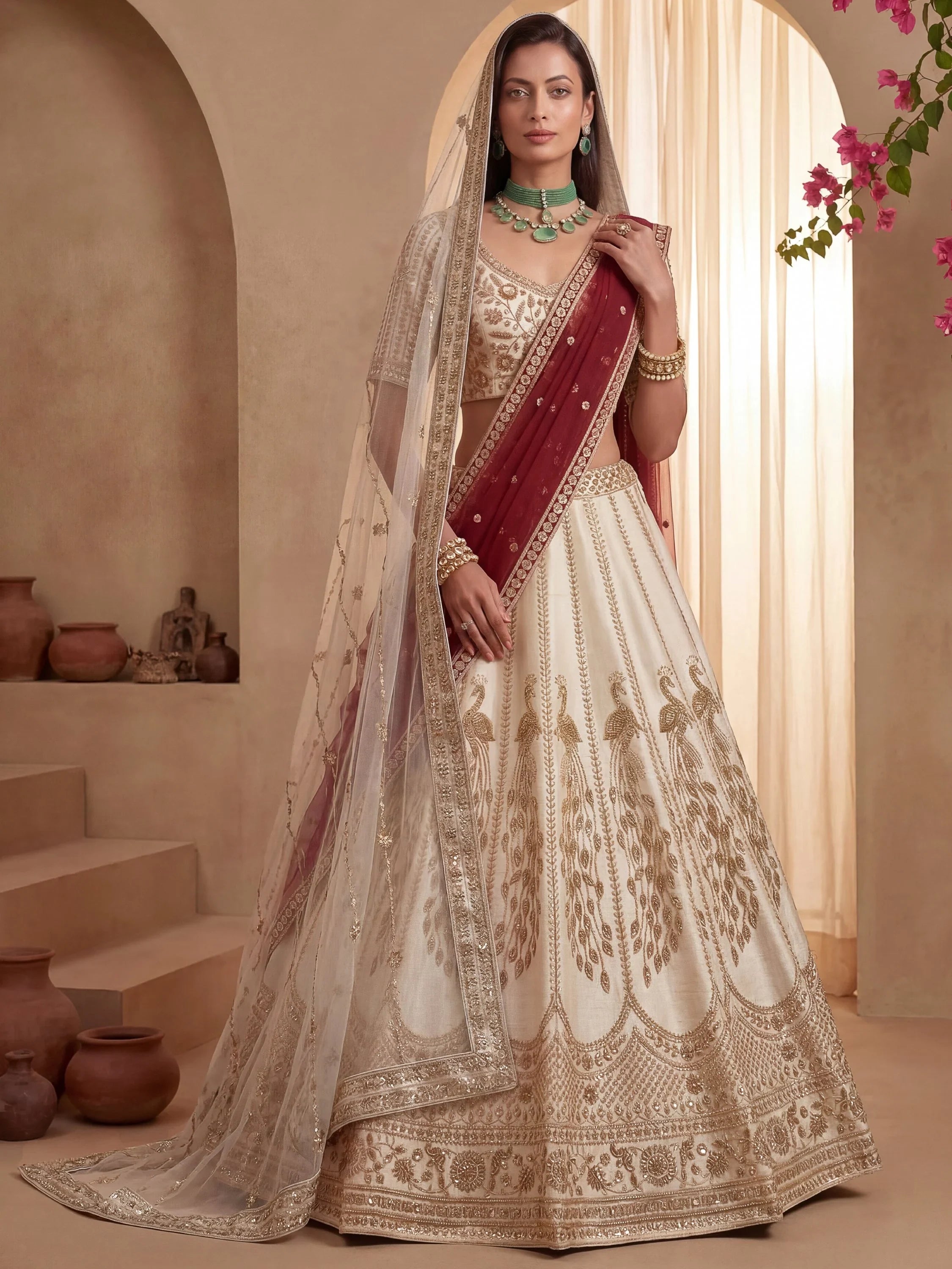 Off White Stylish Hand Work Bridal Lehenga Choli With Double Dupatta