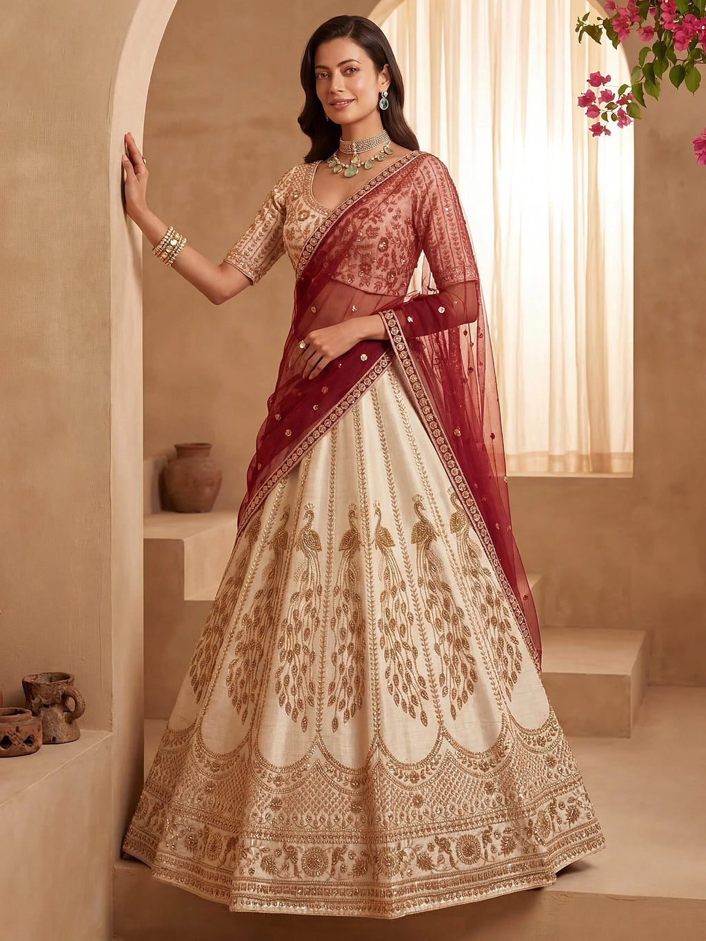 Off White Stylish Hand Work Bridal Lehenga Choli With Double Dupatta