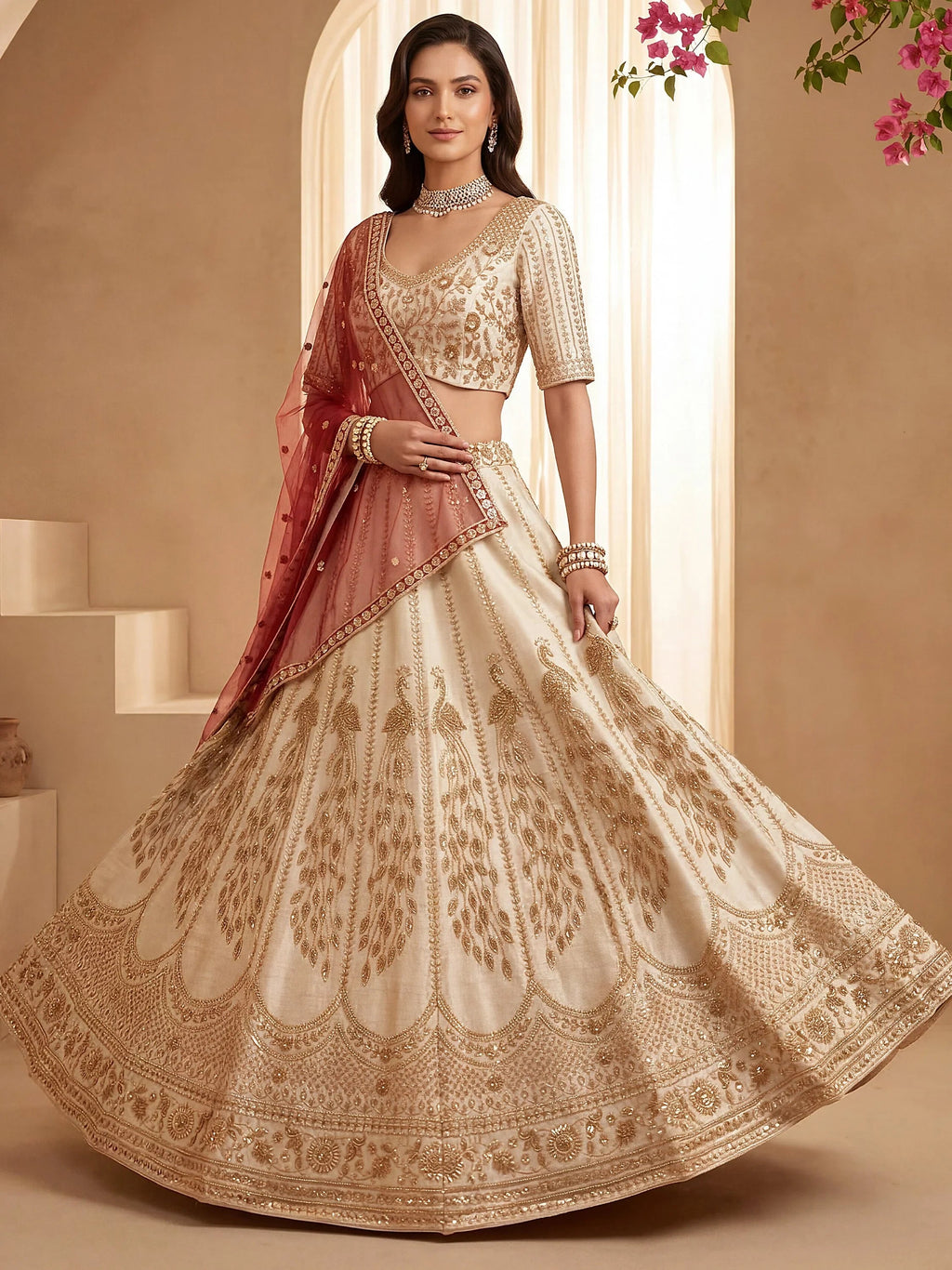 Off White Stylish Hand Work Bridal Lehenga Choli With Double Dupatta