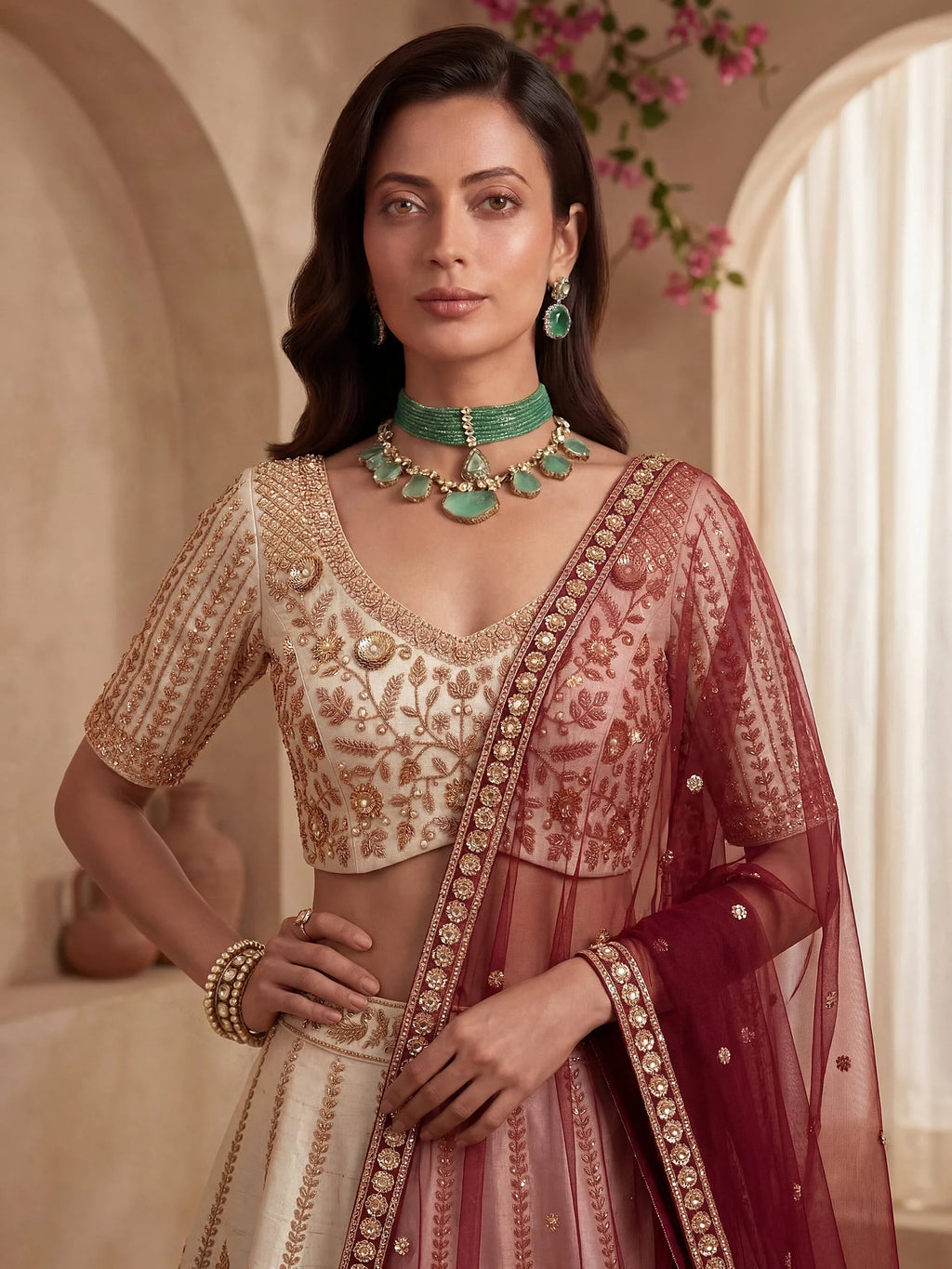 Off White Stylish Hand Work Bridal Lehenga Choli With Double Dupatta