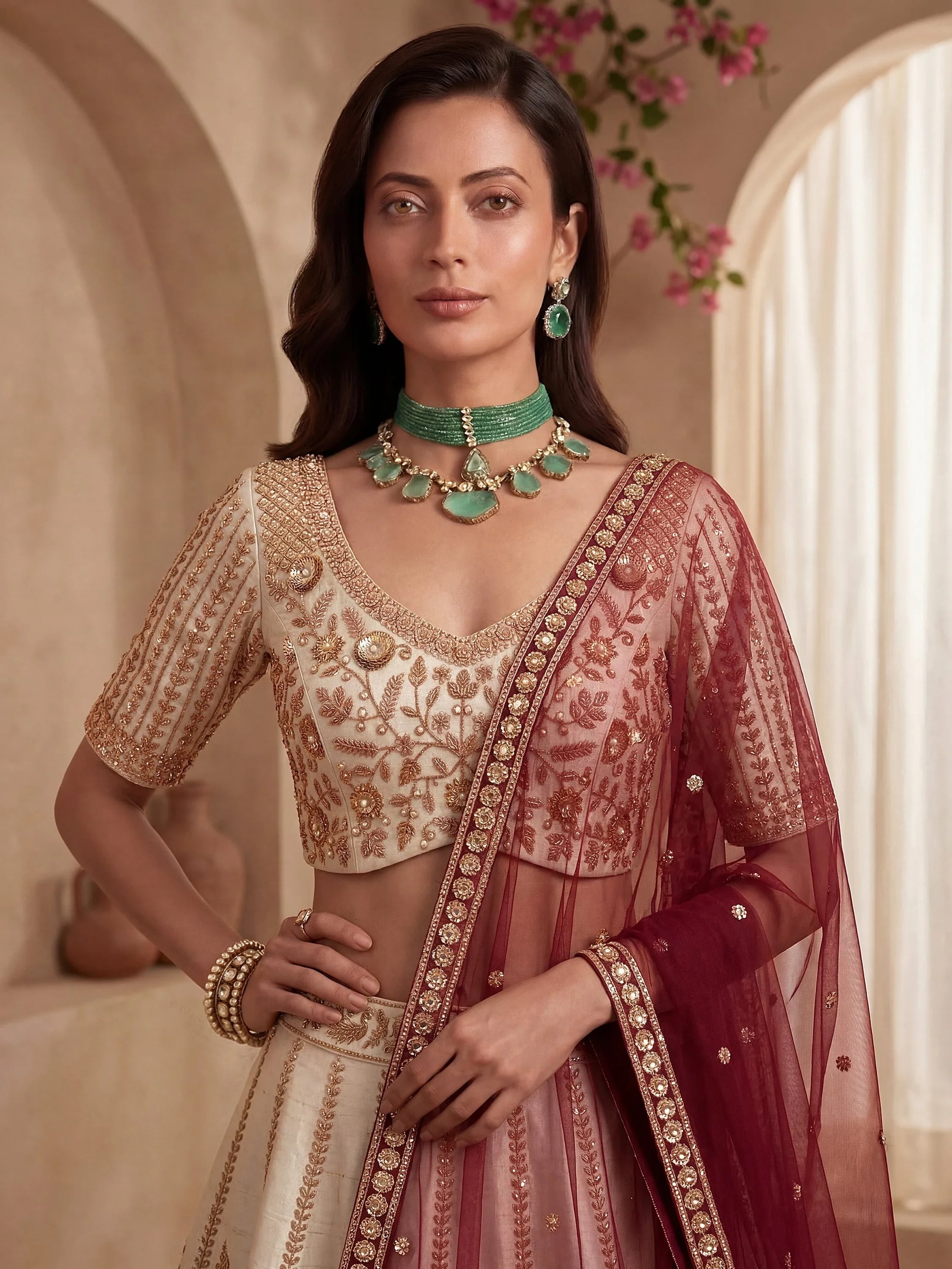 Off White Stylish Hand Work Bridal Lehenga Choli With Double Dupatta