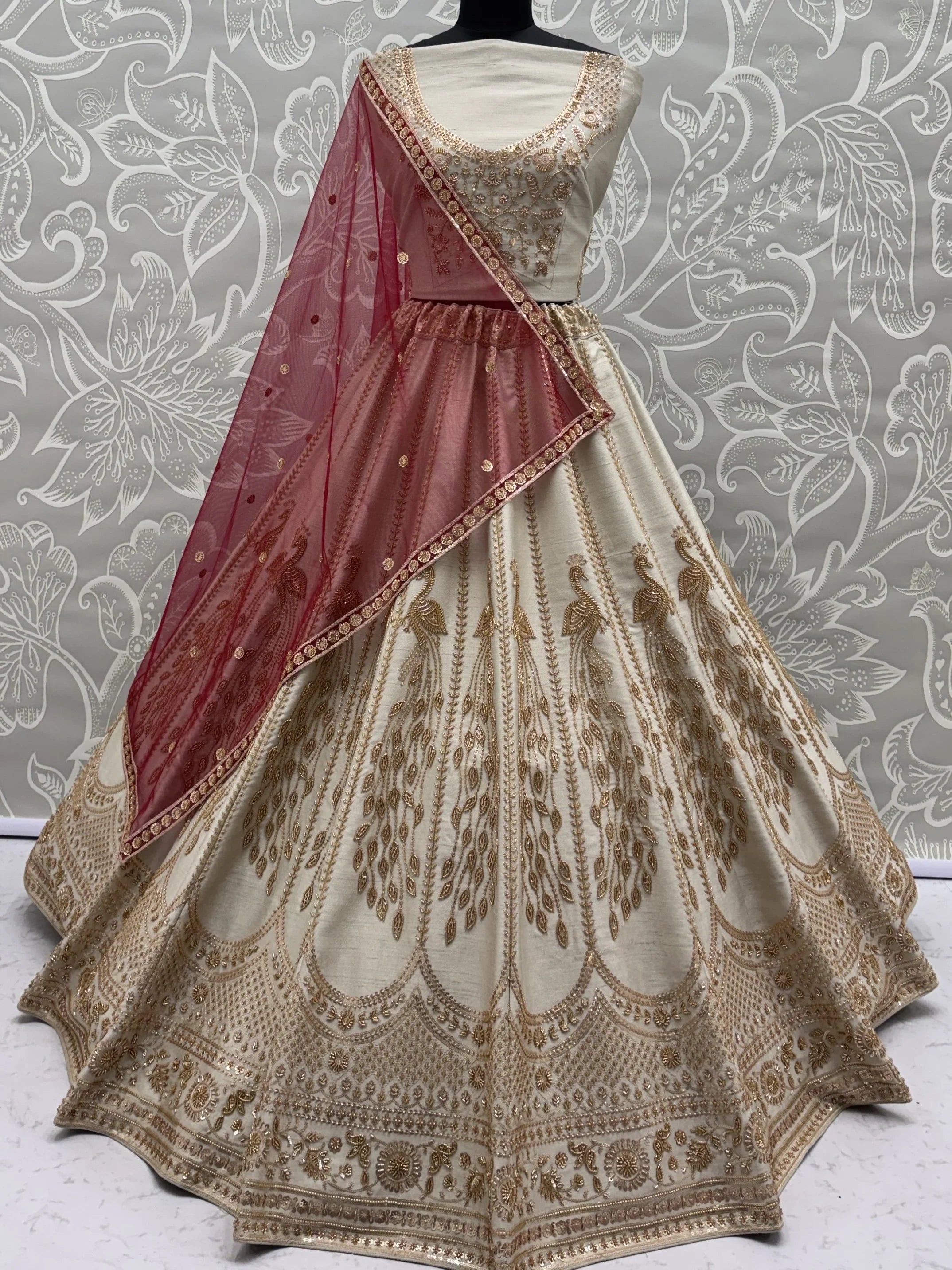 Off White Stylish Hand Work Bridal Lehenga Choli With Double Dupatta