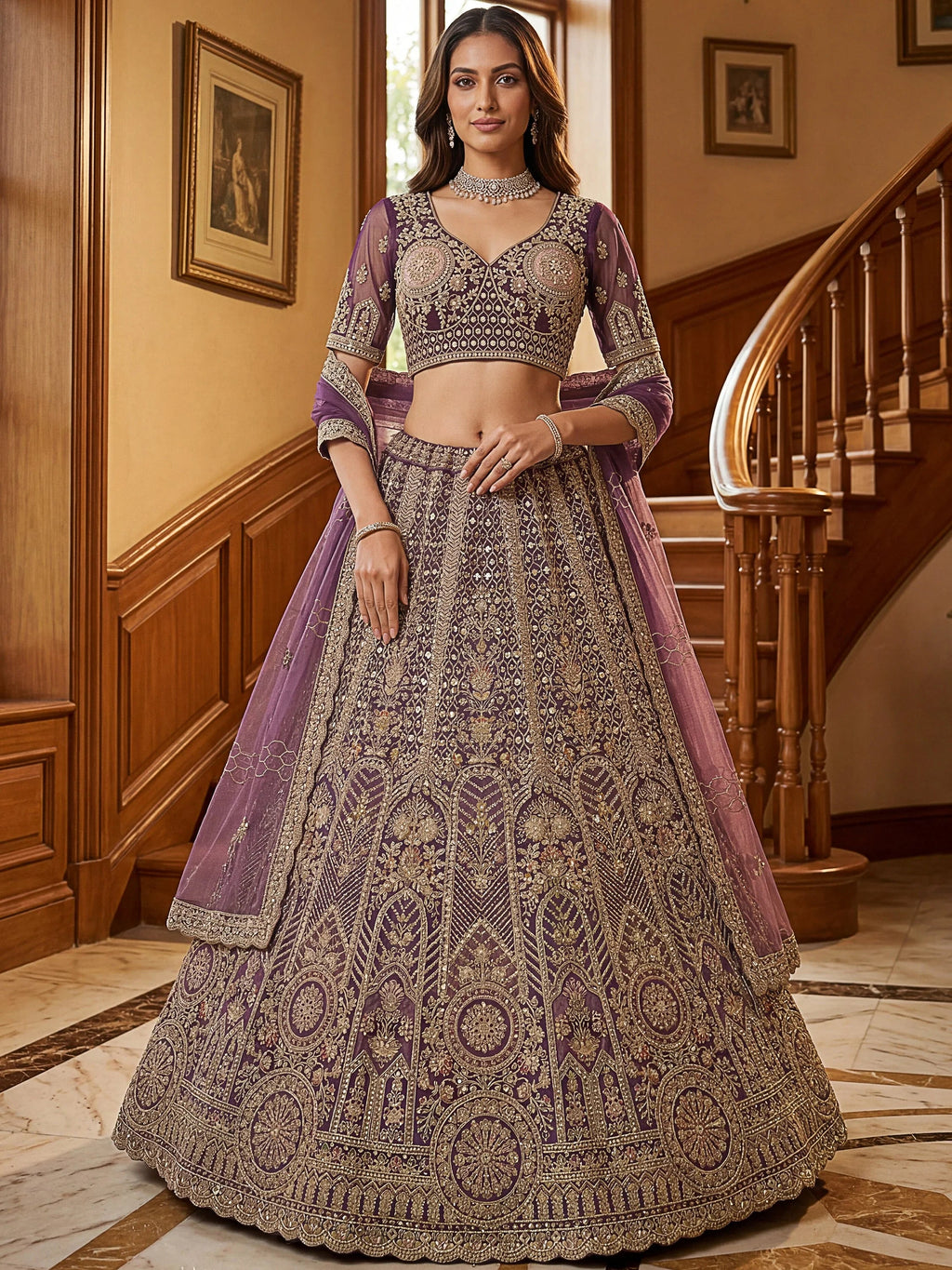 Purple Adorable Sequins Net Bridesmaid Lehenga Choli With Dupatta