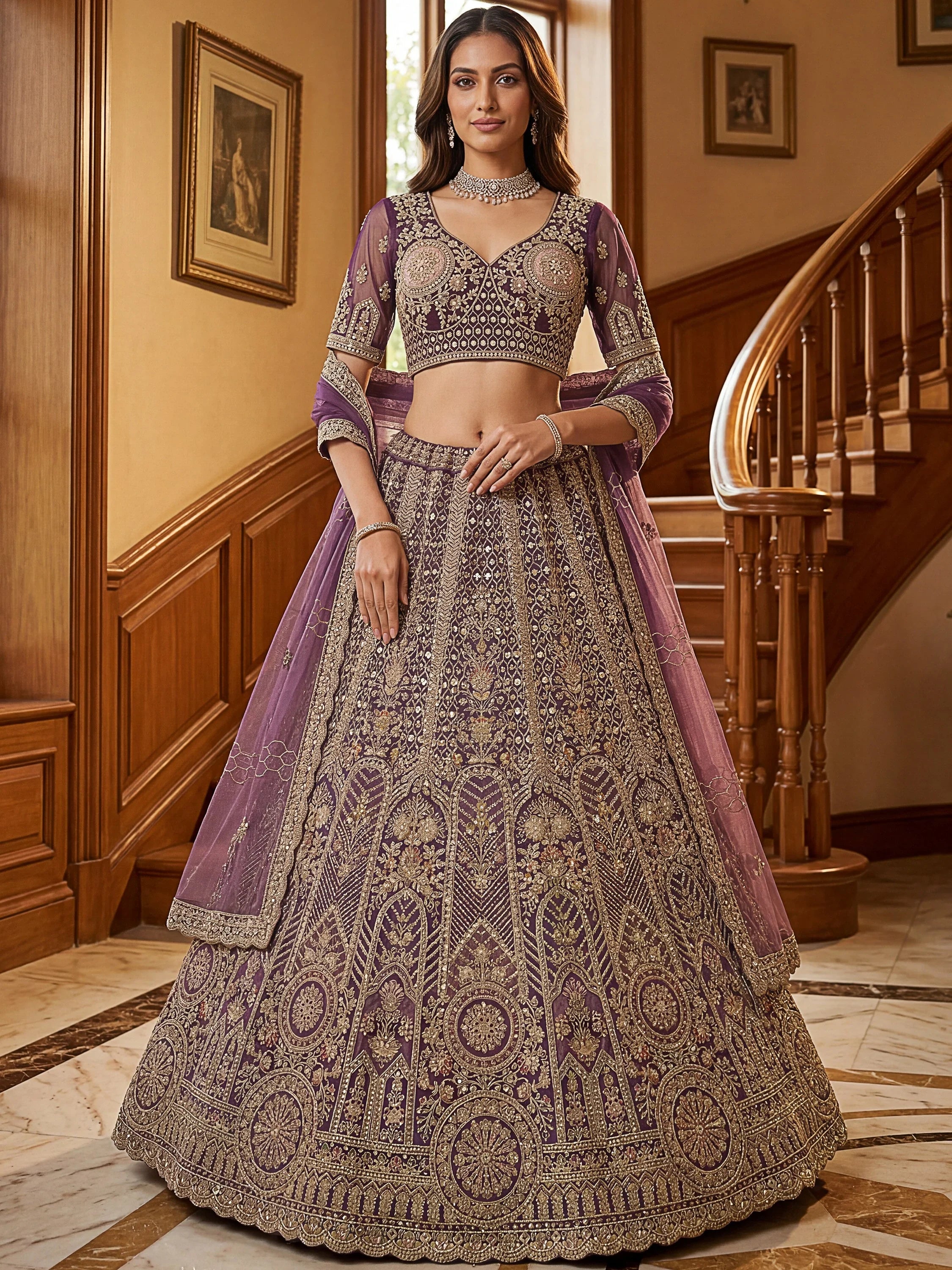 Purple Adorable Sequins Net Bridesmaid Lehenga Choli With Dupatta