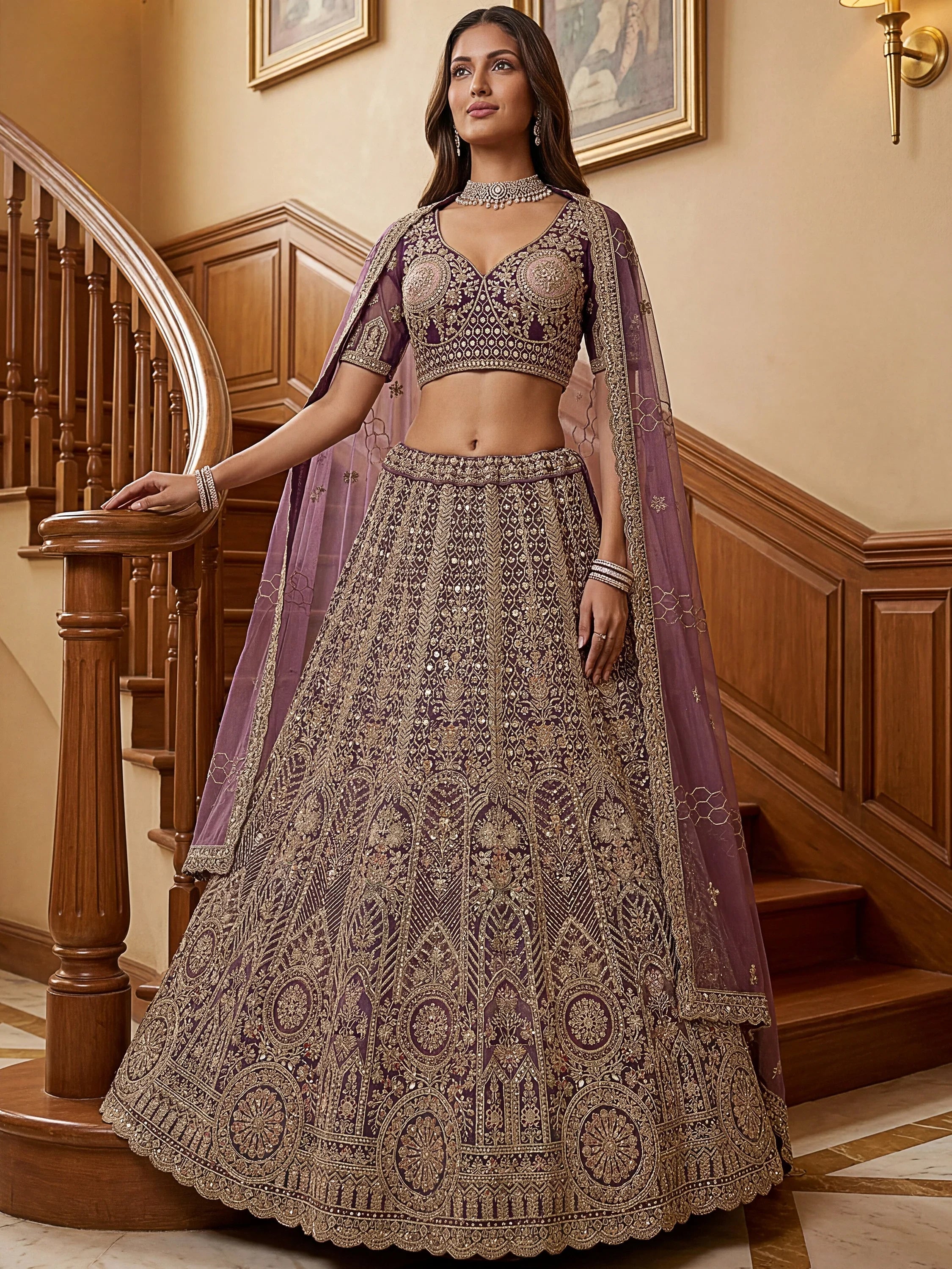 Purple Adorable Sequins Net Bridesmaid Lehenga Choli With Dupatta