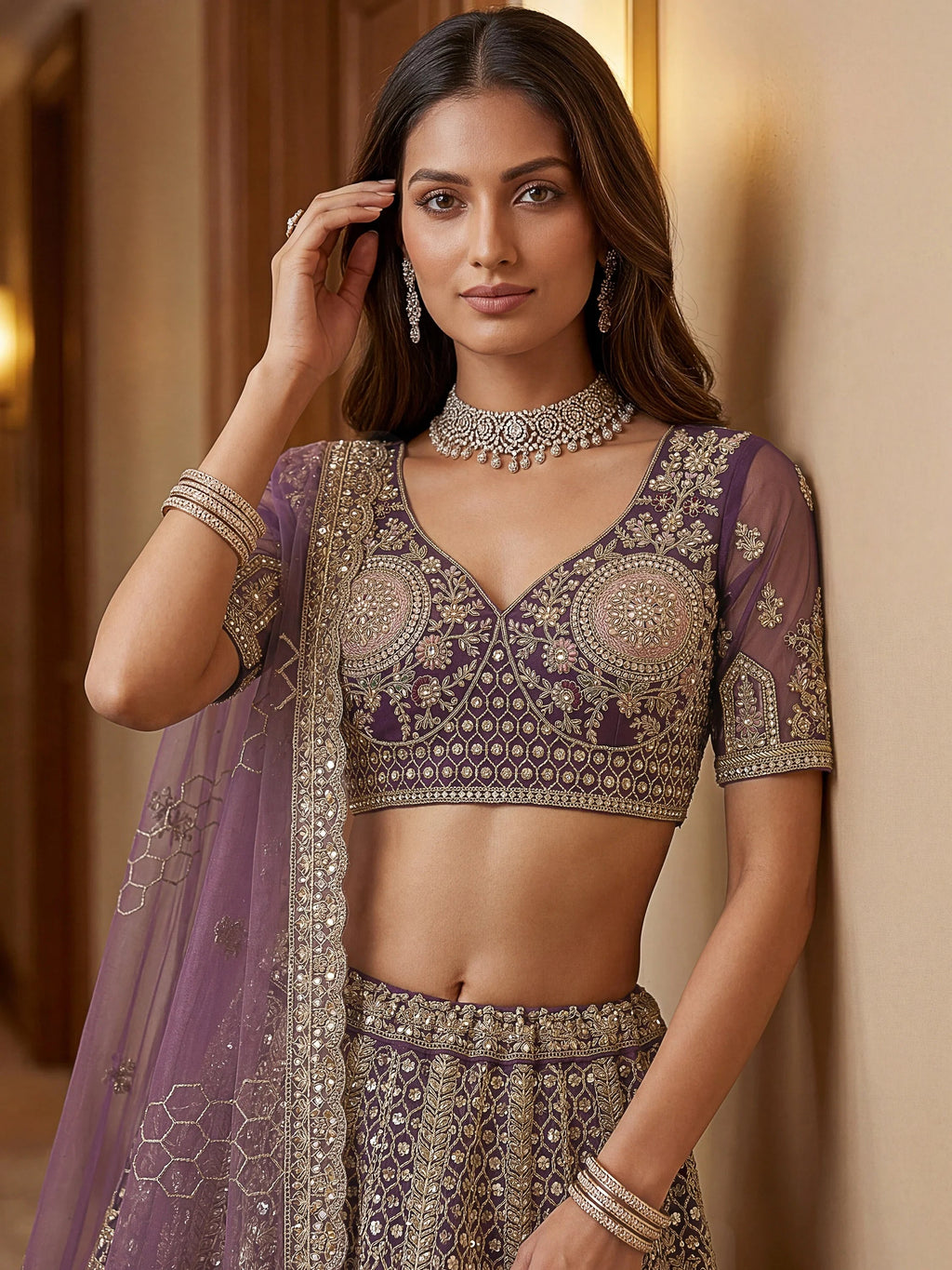 Purple Adorable Sequins Net Bridesmaid Lehenga Choli With Dupatta
