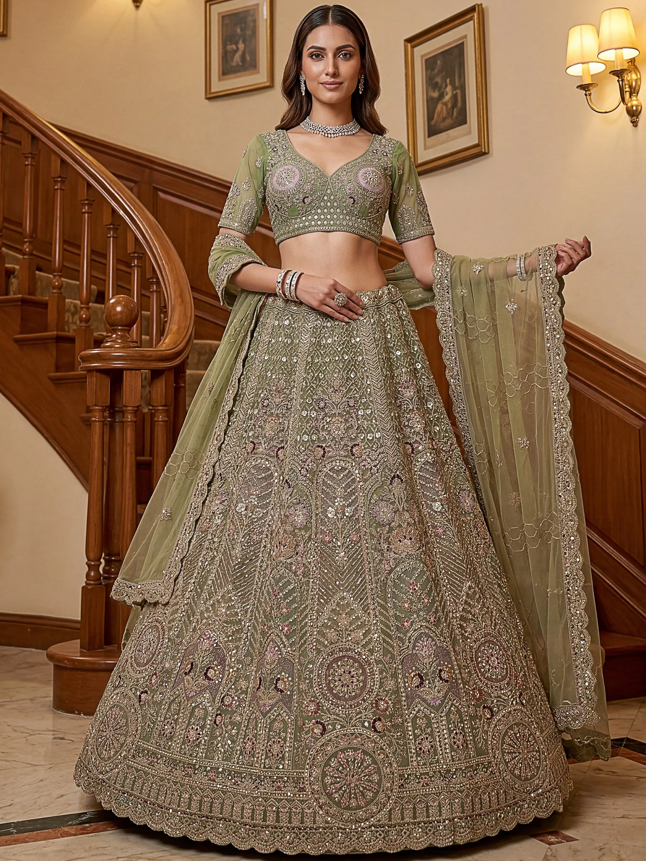 Green Adorable Sequins Net Bridesmaid Lehenga Choli With Dupatta