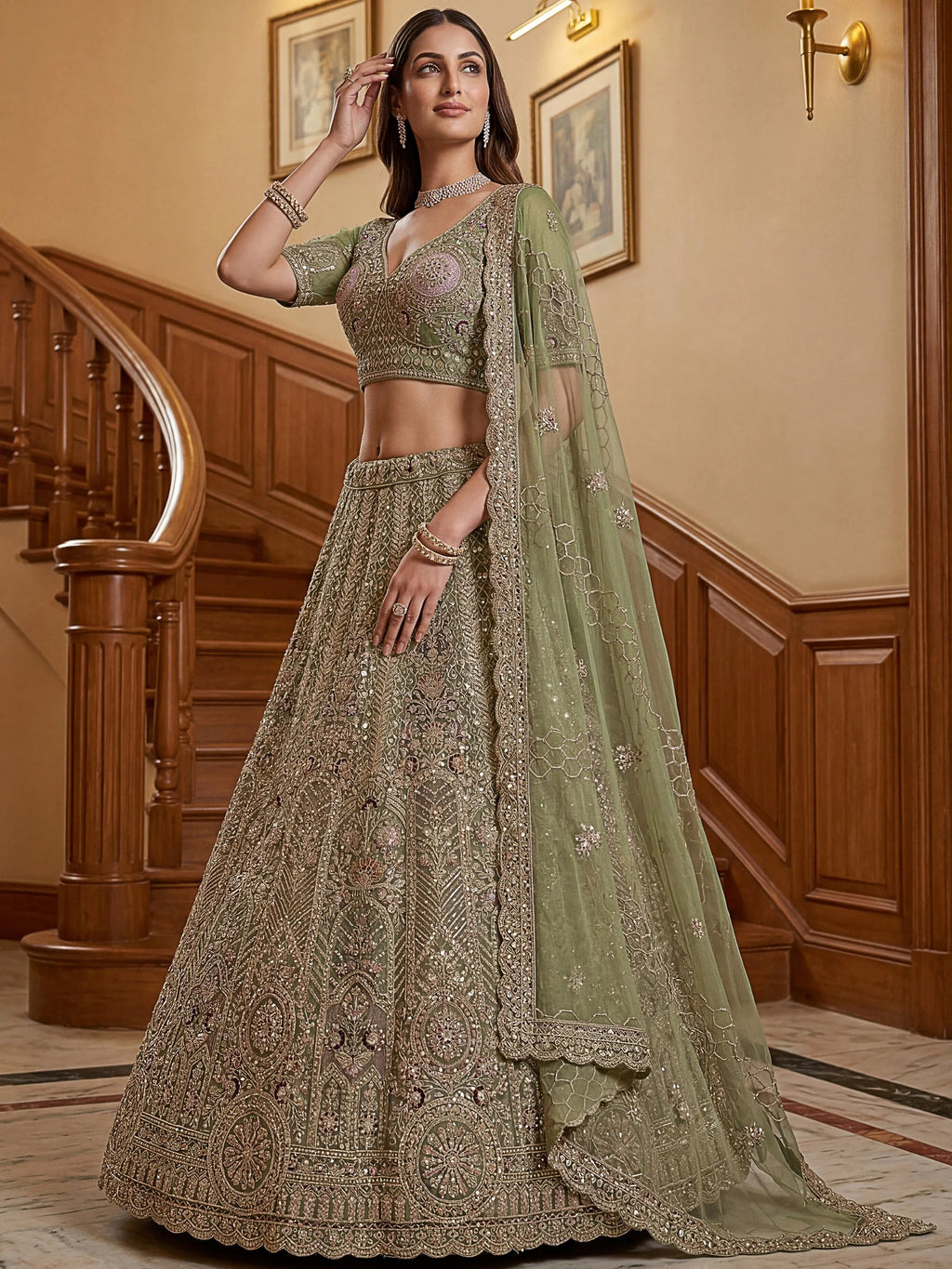 Green Adorable Sequins Net Bridesmaid Lehenga Choli With Dupatta
