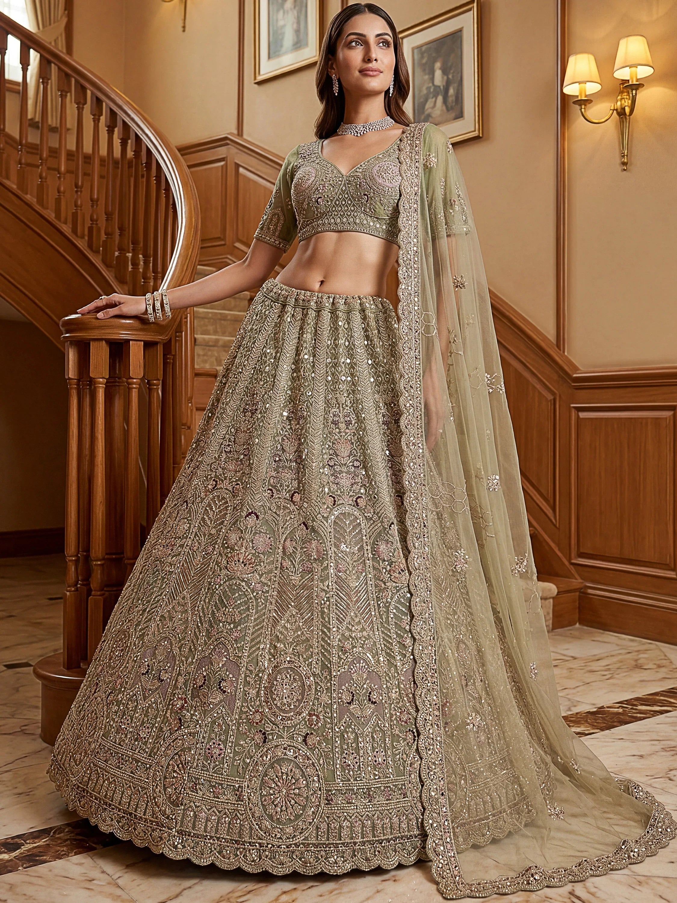 Green Adorable Sequins Net Bridesmaid Lehenga Choli With Dupatta