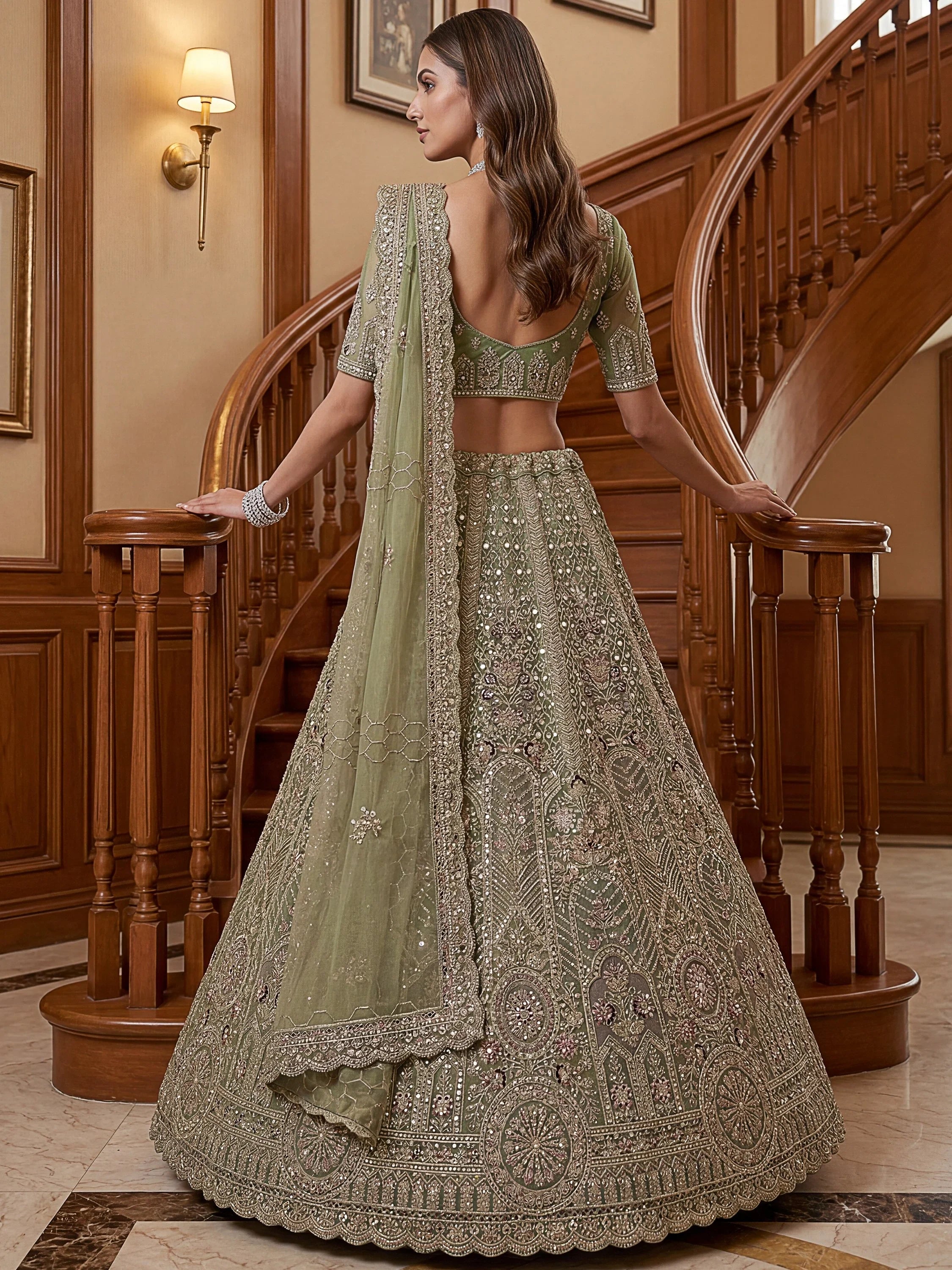 Green Adorable Sequins Net Bridesmaid Lehenga Choli With Dupatta