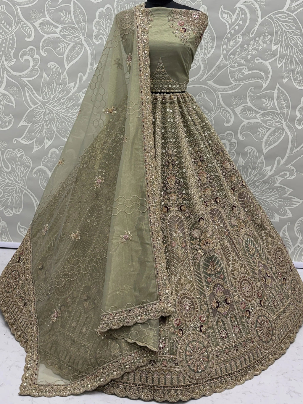 Green Adorable Sequins Net Bridesmaid Lehenga Choli With Dupatta