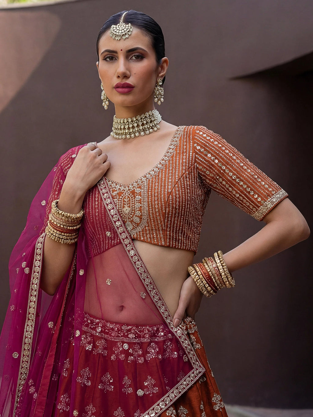 Rust Awesome Hand Work Silk Bridal Lehenga Choli With Double Dupatta