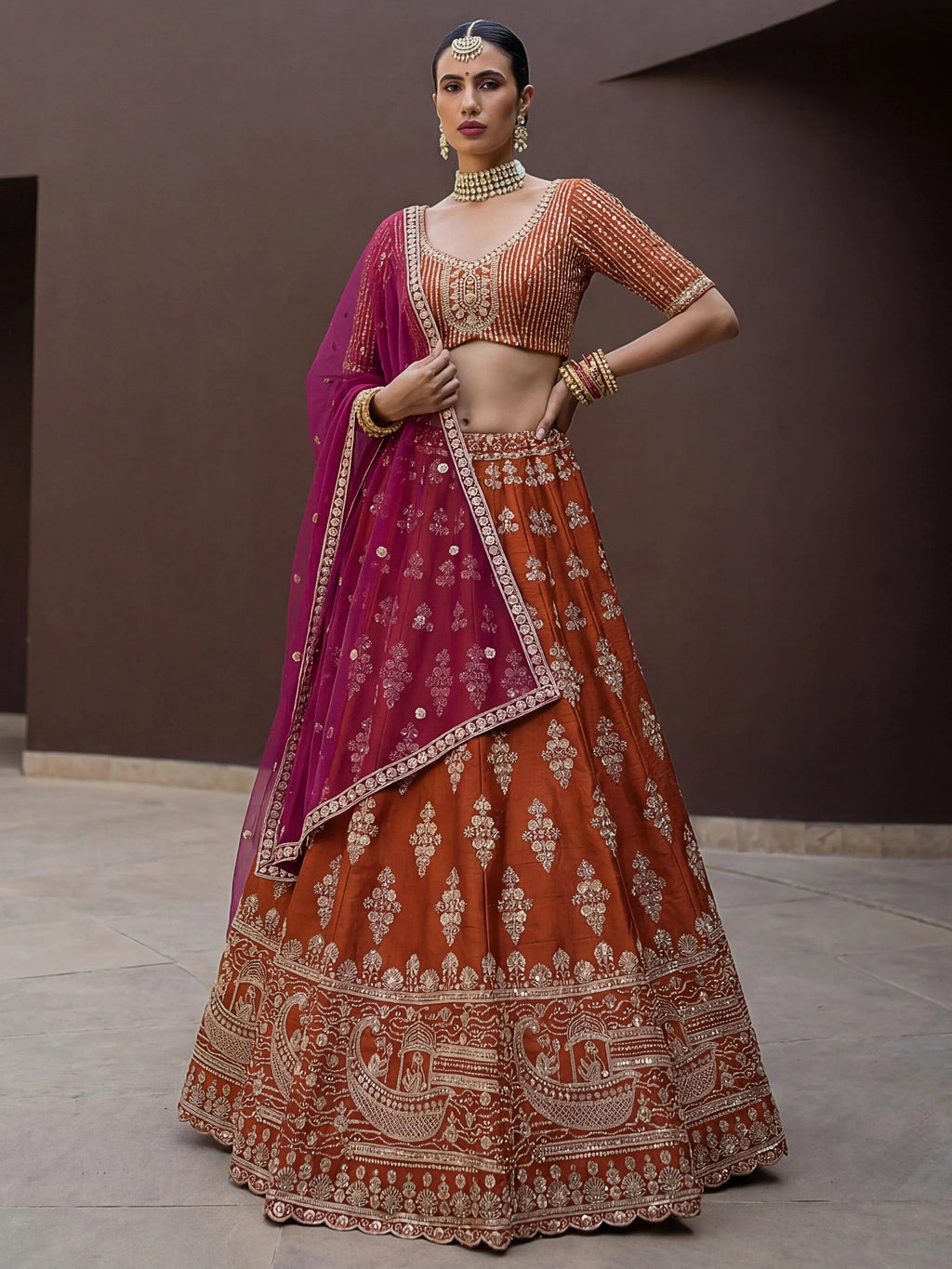 Rust Awesome Hand Work Silk Bridal Lehenga Choli With Double Dupatta