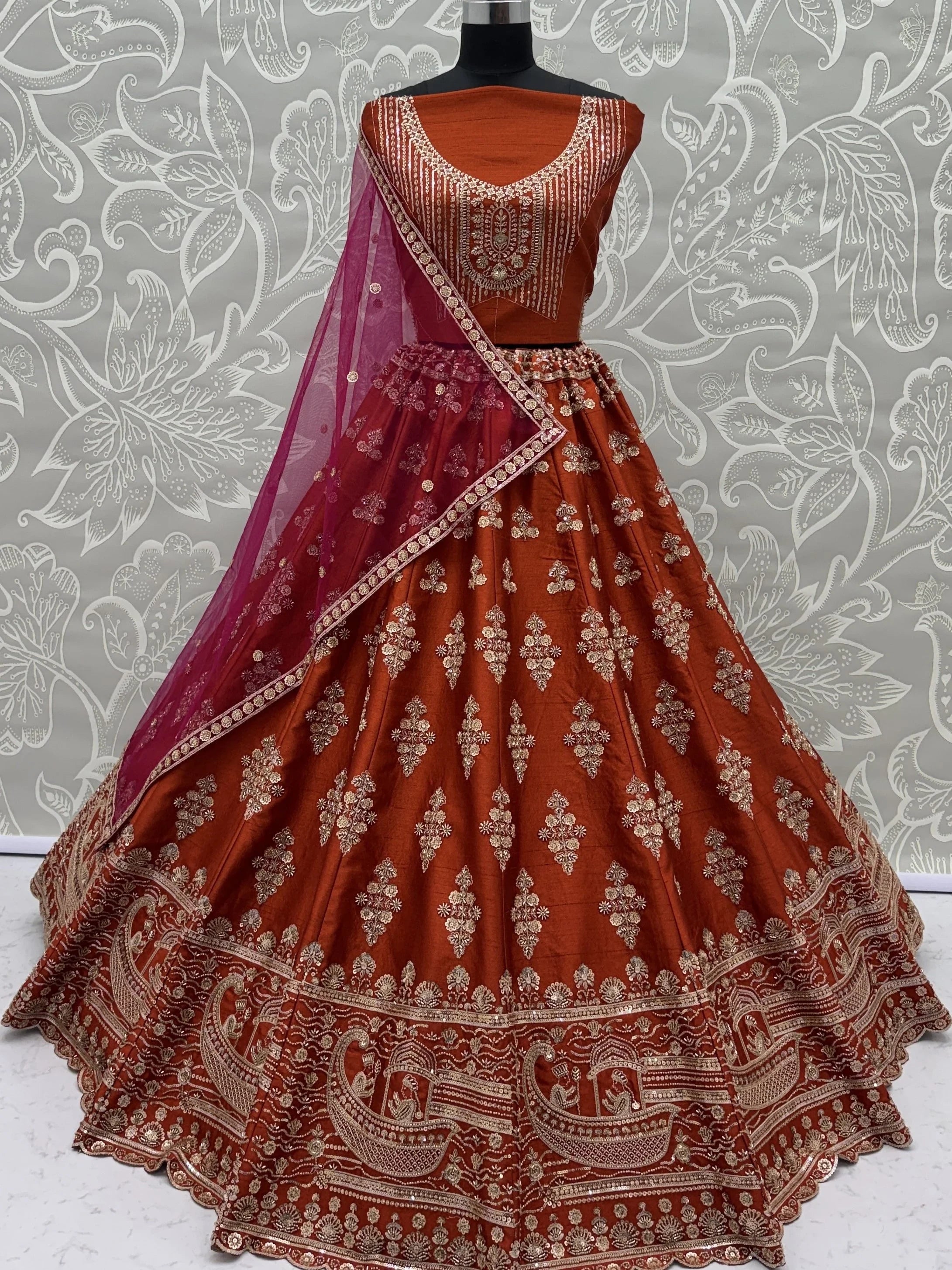 Rust Awesome Hand Work Silk Bridal Lehenga Choli With Double Dupatta