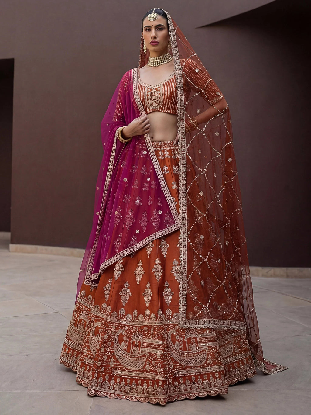 Rust Awesome Hand Work Silk Bridal Lehenga Choli With Double Dupatta
