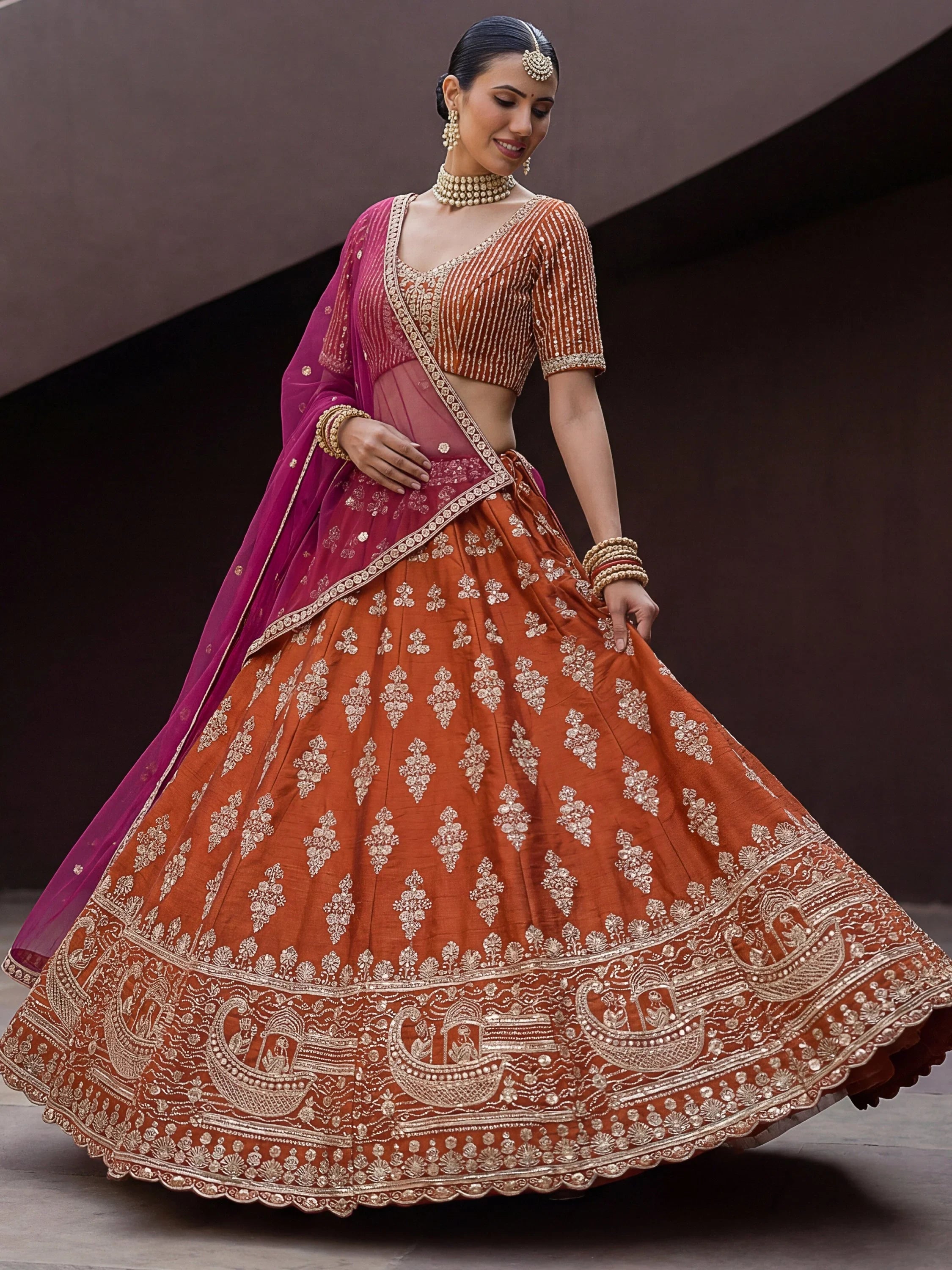 Rust Awesome Hand Work Silk Bridal Lehenga Choli With Double Dupatta