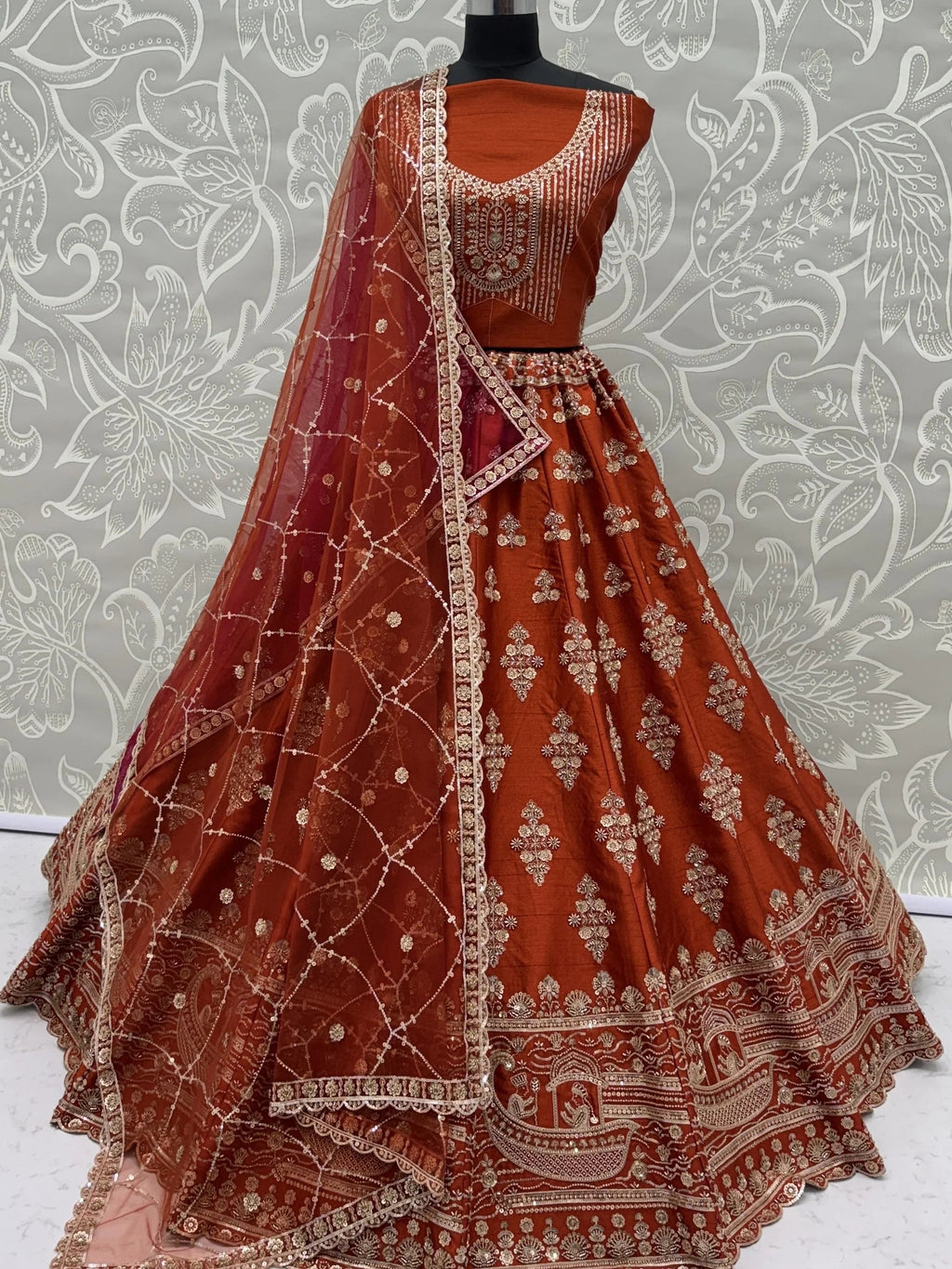 Rust Awesome Hand Work Silk Bridal Lehenga Choli With Double Dupatta