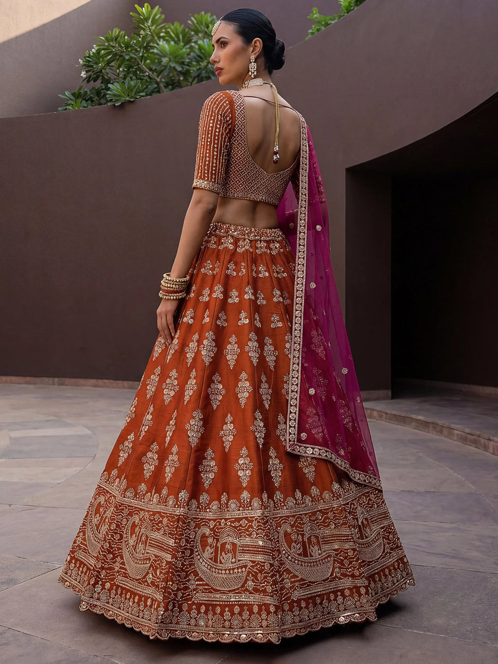 Rust Awesome Hand Work Silk Bridal Lehenga Choli With Double Dupatta