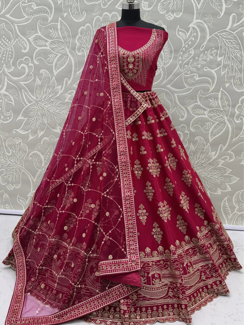 Pink Awesome Hand Work Silk Bridal Lehenga Choli With Double Dupatta