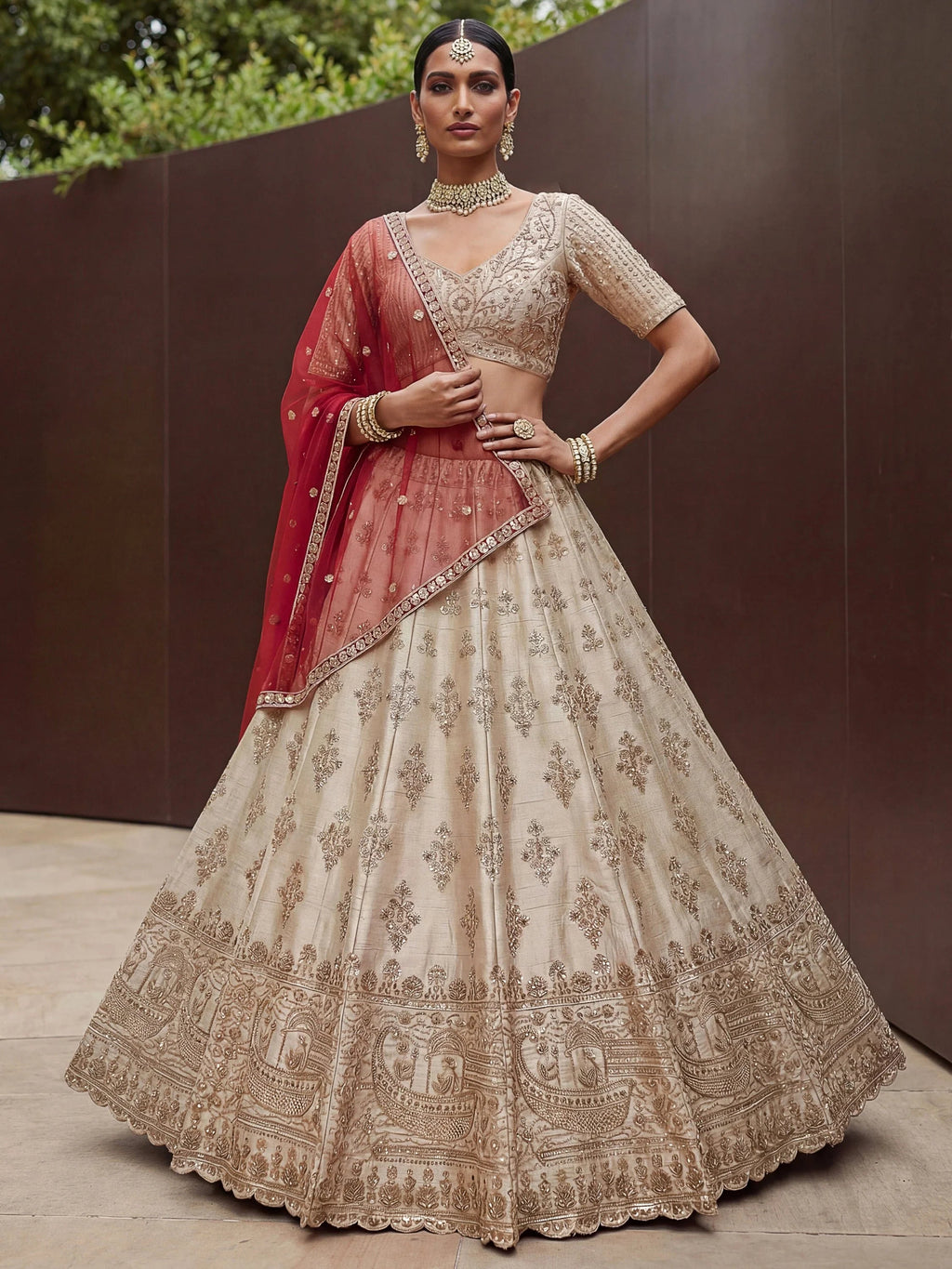Beige Awesome Hand Work Silk Bridal Lehenga Choli With Double Dupatta