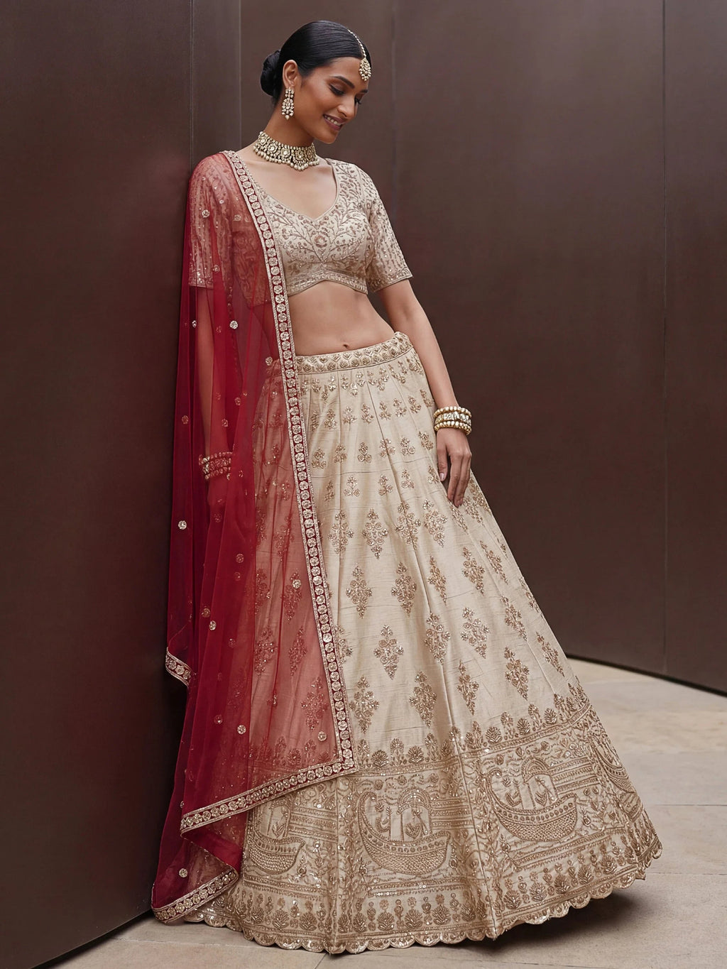 Beige Awesome Hand Work Silk Bridal Lehenga Choli With Double Dupatta