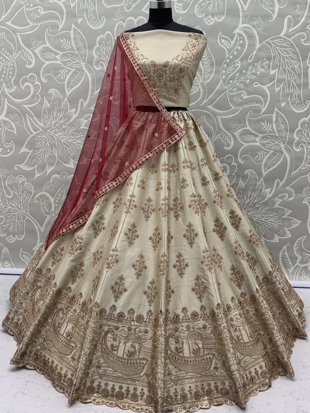 Beige Awesome Hand Work Silk Bridal Lehenga Choli With Double Dupatta