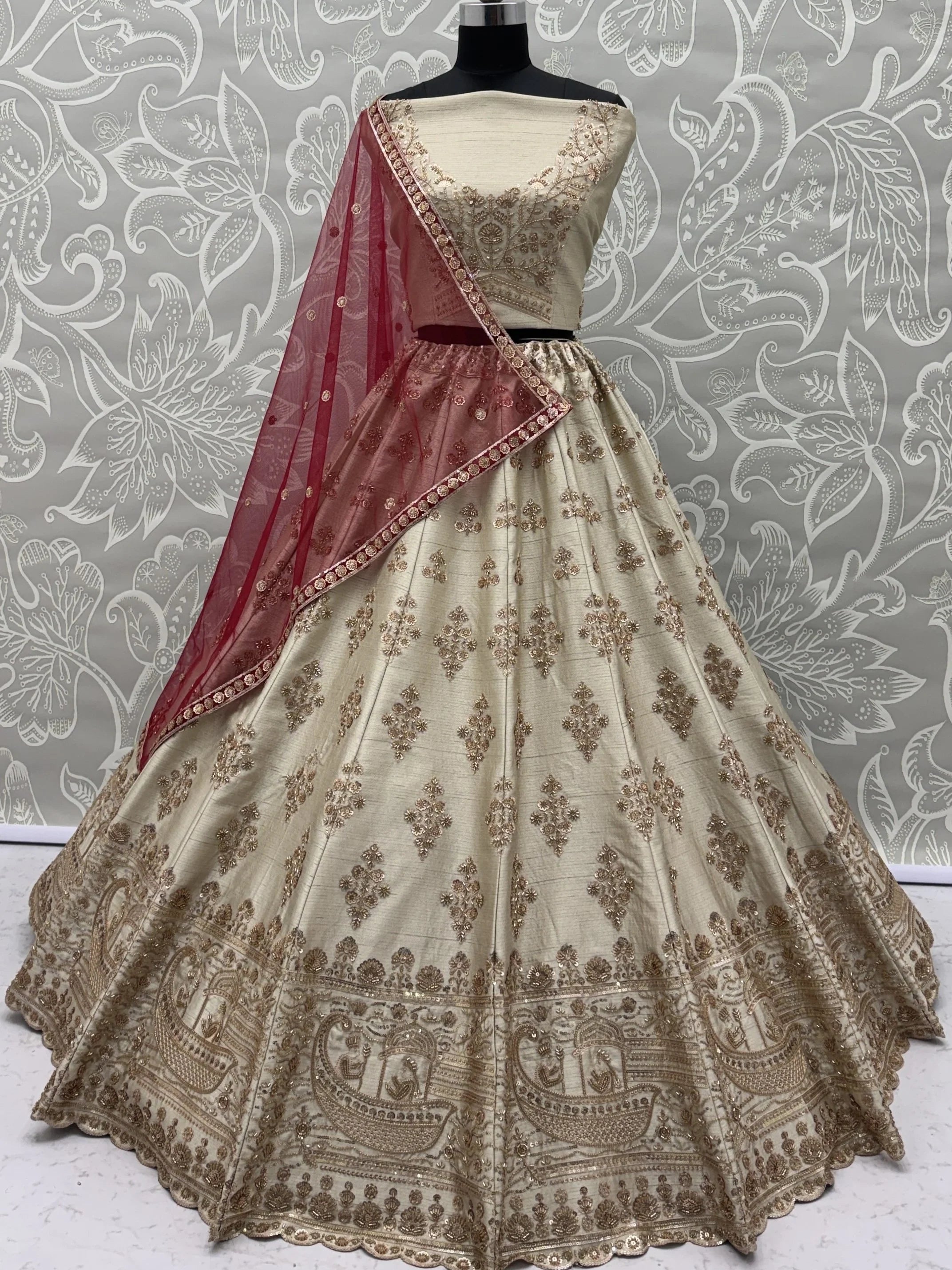 Beige Awesome Hand Work Silk Bridal Lehenga Choli With Double Dupatta